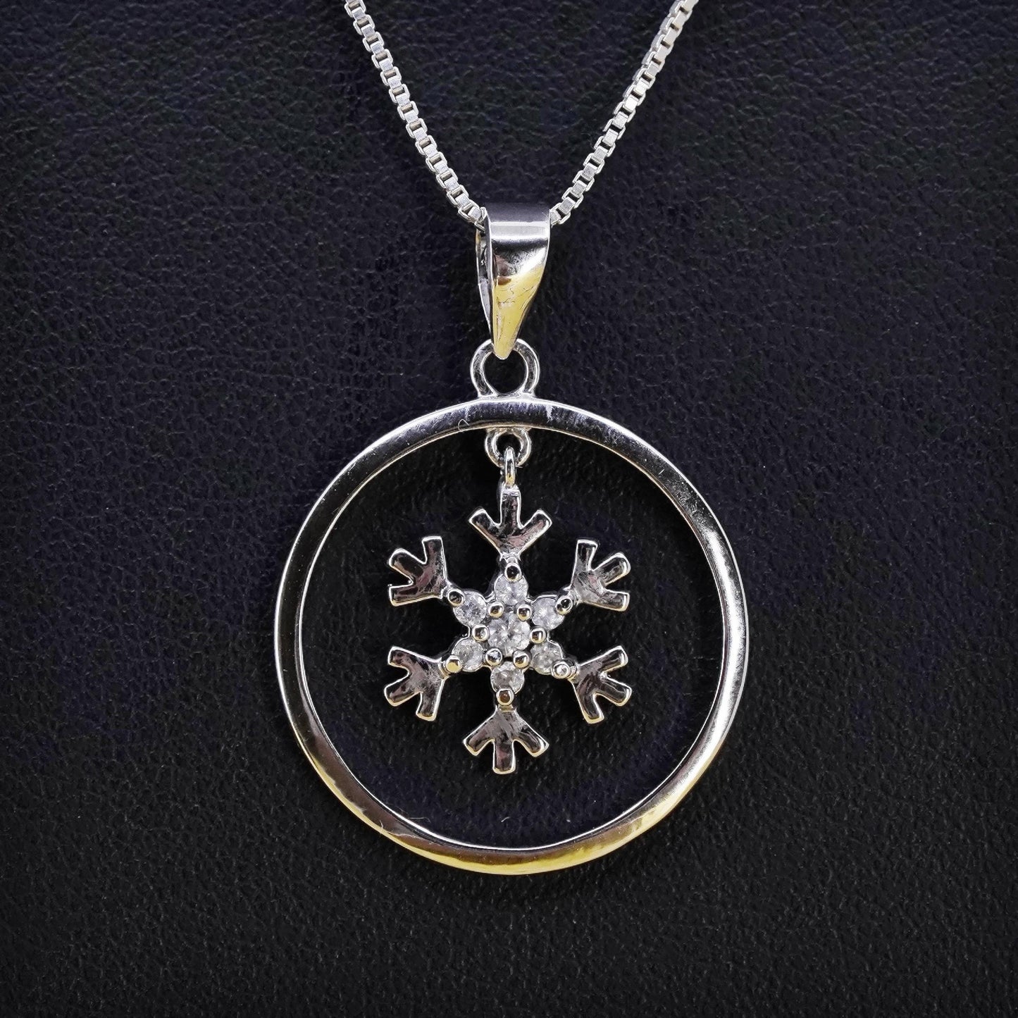 18”, Vintage Sterling silver necklace, 925 box chain cz snowflake charm pendant