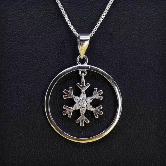 18”, Vintage Sterling silver necklace, 925 box chain cz snowflake charm pendant