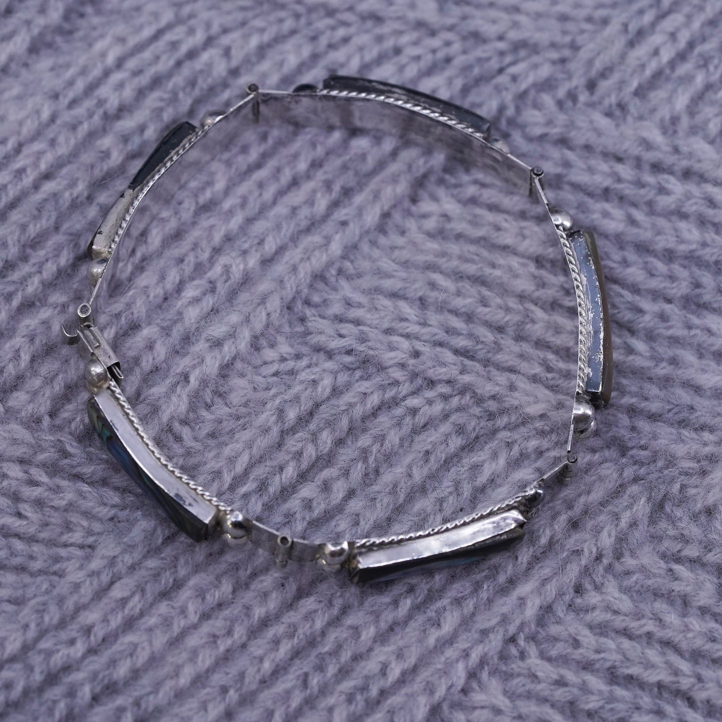 6.75", vintage Mexican Sterling 925 silver handmade tennis bracelet w/ abalone