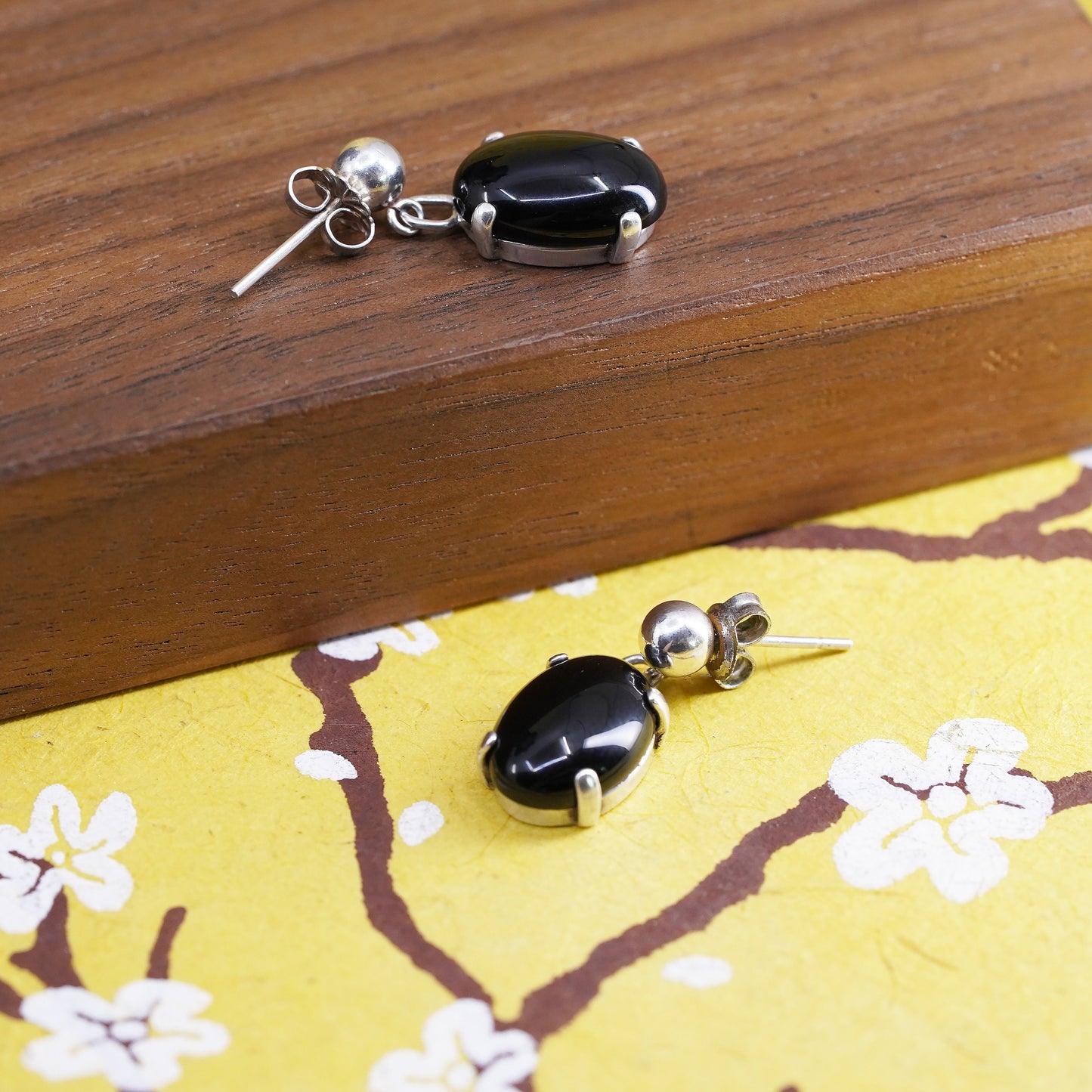 Vintage Sterling 925 silver handmade earrings with oval onyx dangles