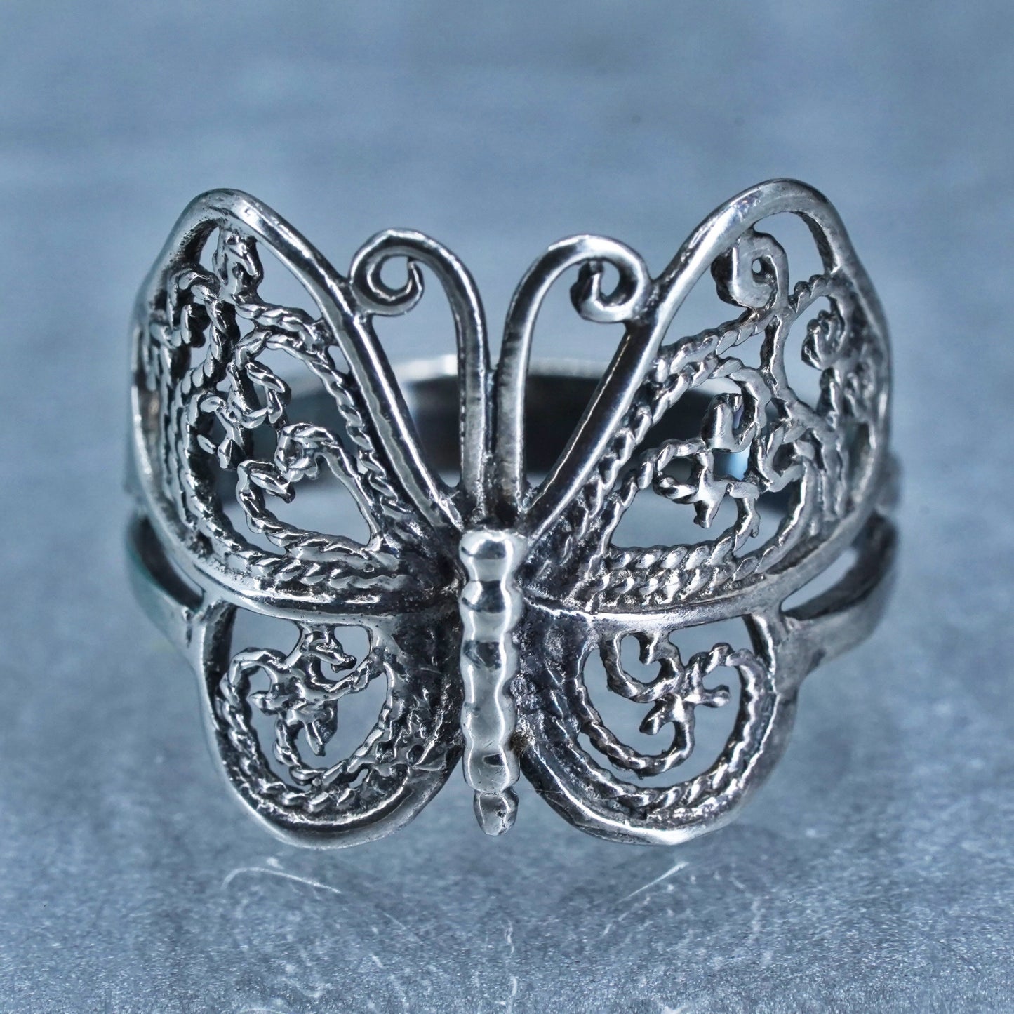 sz 7.5, southwestern Sterling 925 silver handmade ring, filigree butterfly band