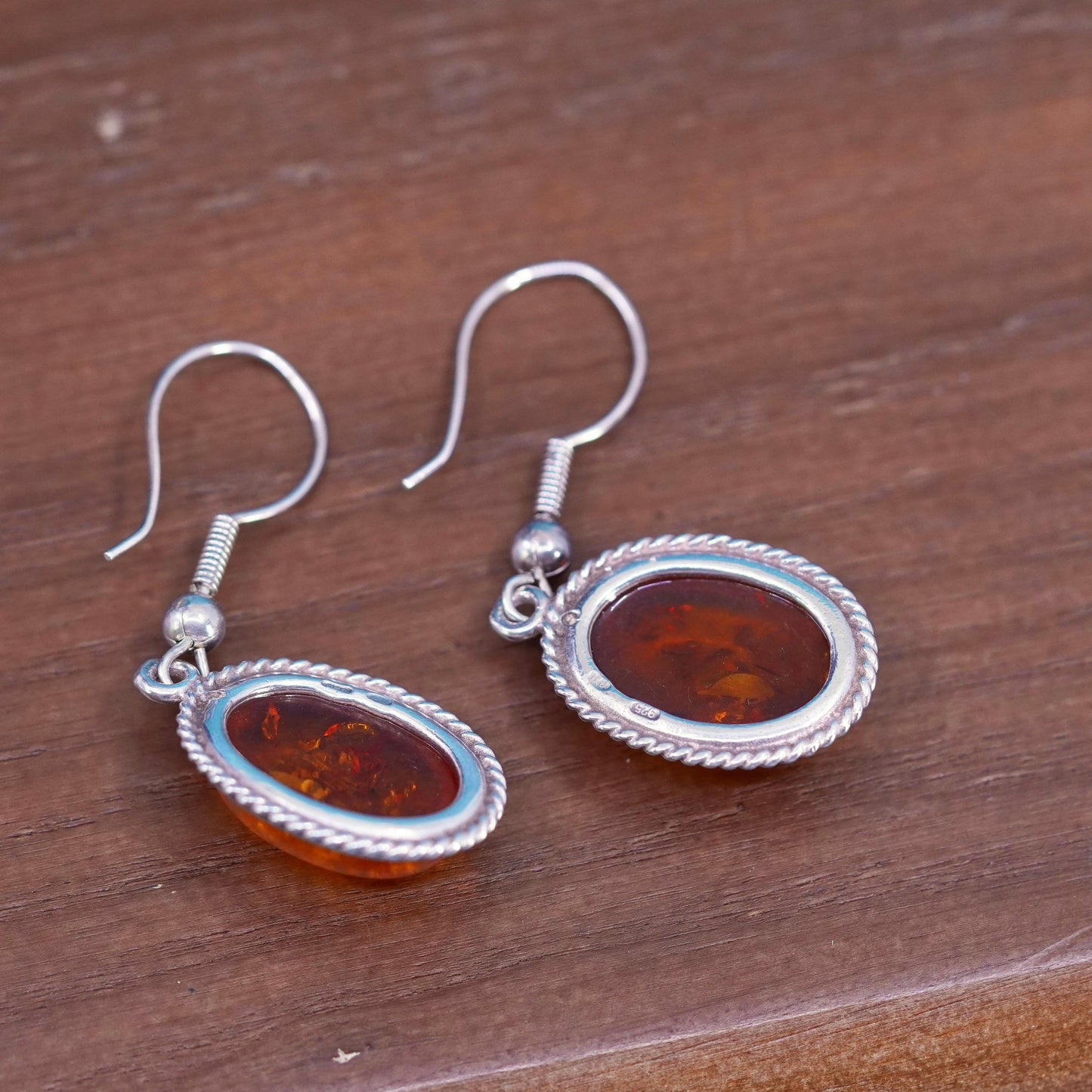Vintage sterling 925 silver handmade earrings with oval amber