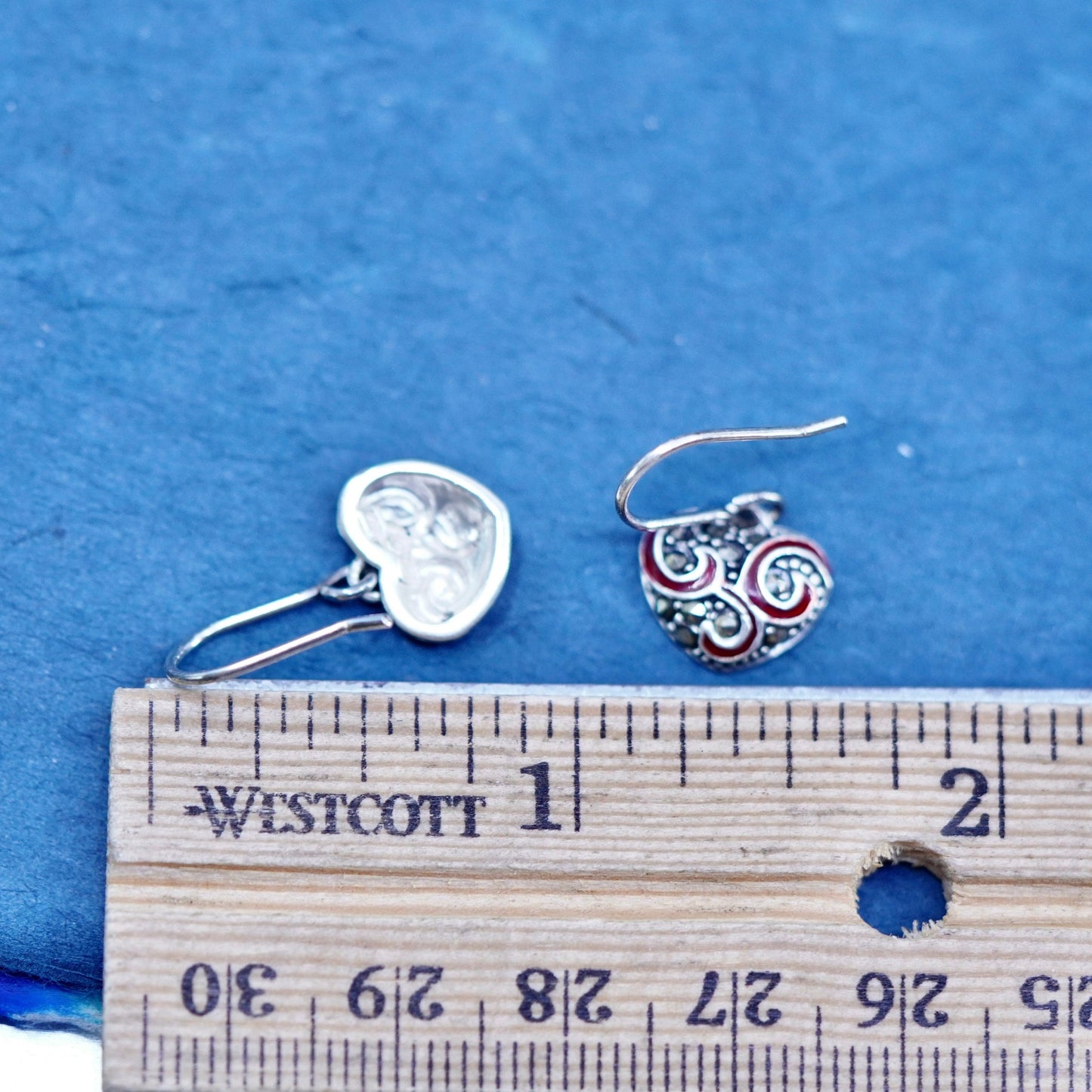 sterling 925 silver handmade heart earrings with red enamel and marcasite
