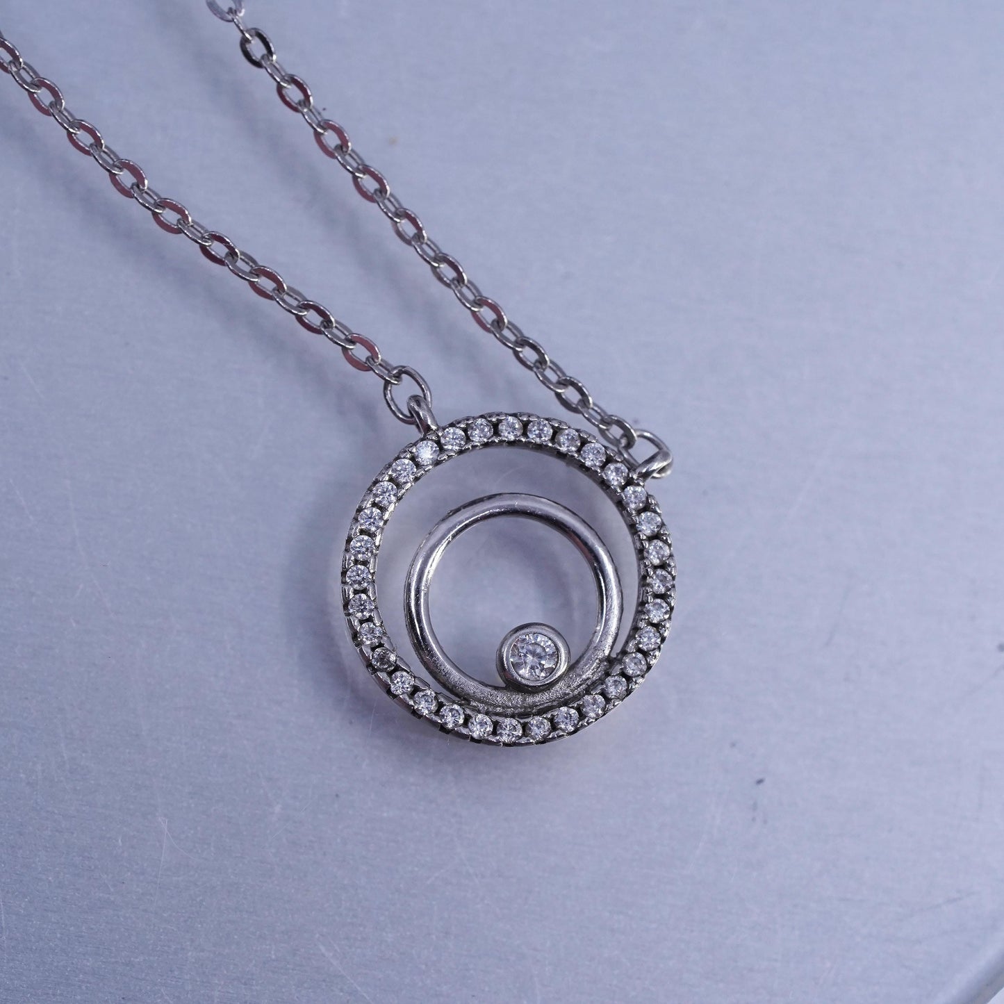 16+2", vintage Sterling 925 silver circle necklace with cz evil eye pendant