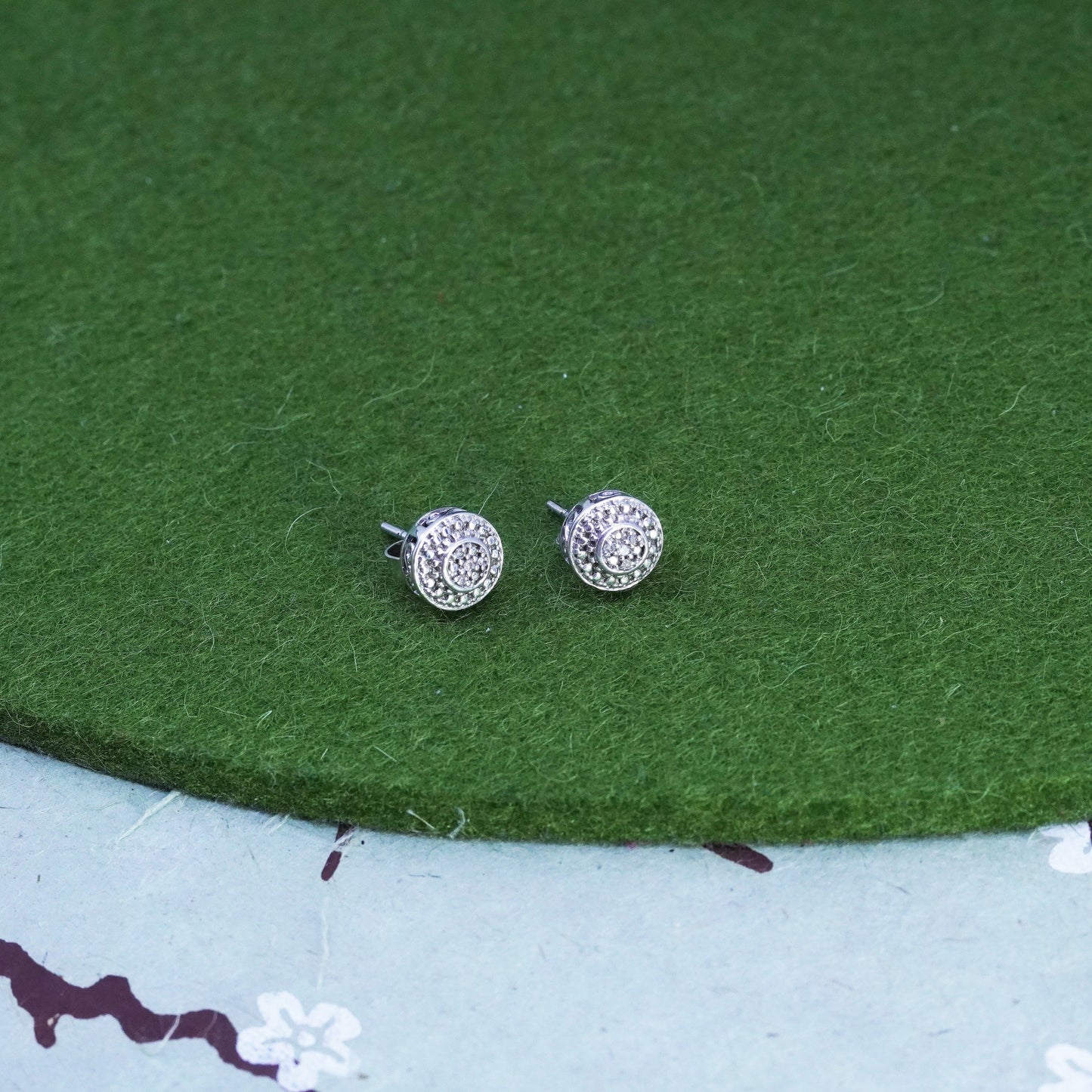 Vintage sterling silver handmade earrings, 925 studs with cluster diamonds