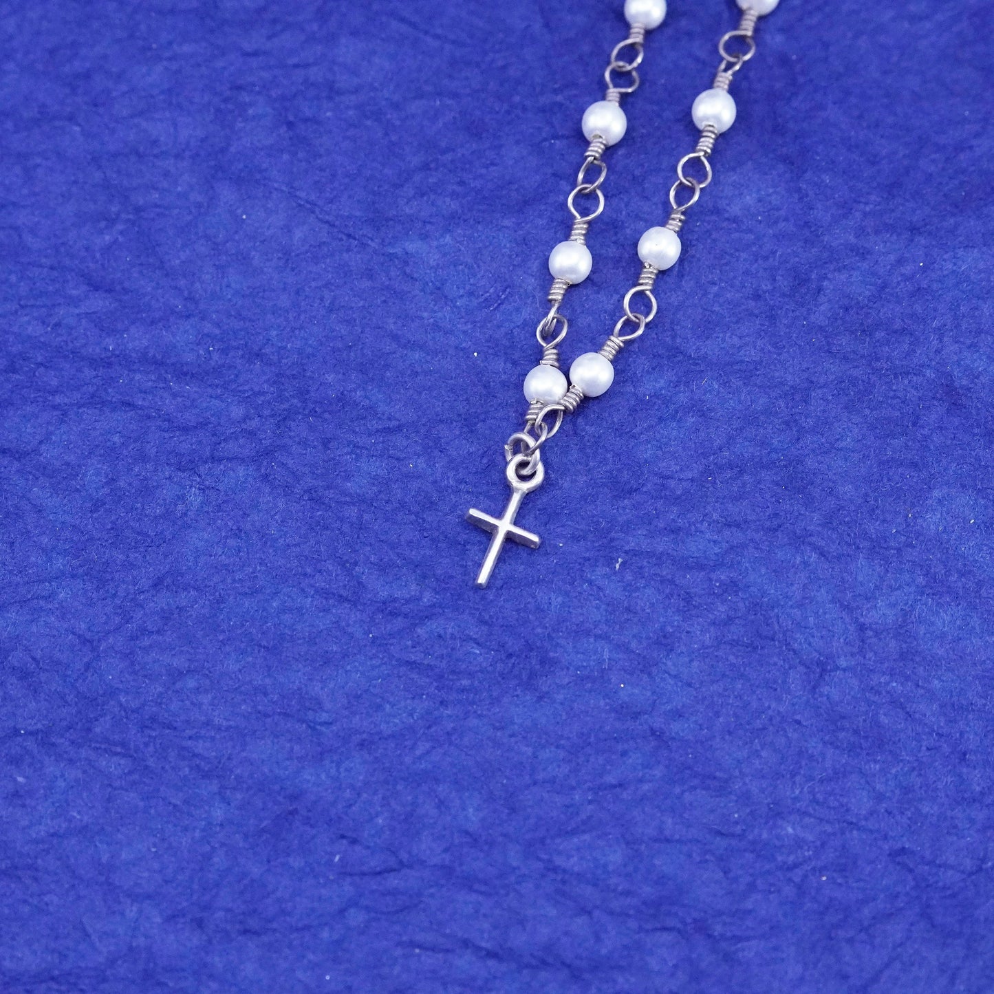 14”, sterling silver handmade necklace, 925 chain with pearl and cross charm