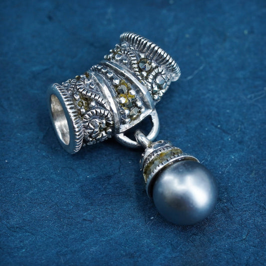 Vintage sterling 925 silver handmade pendant with black pearl and marcasite