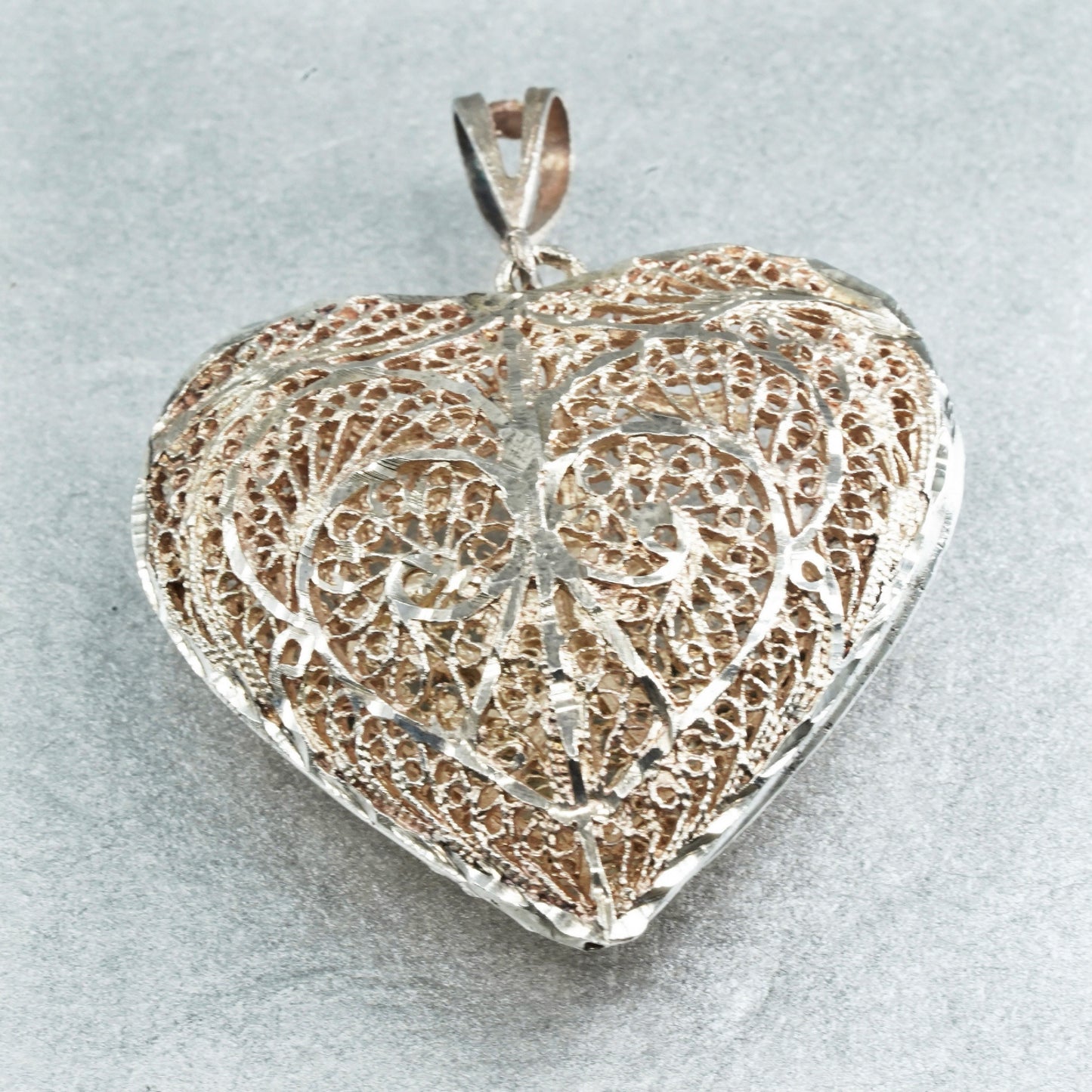 Antique Sterling silver charm, 925 puffy filigree heart pendant