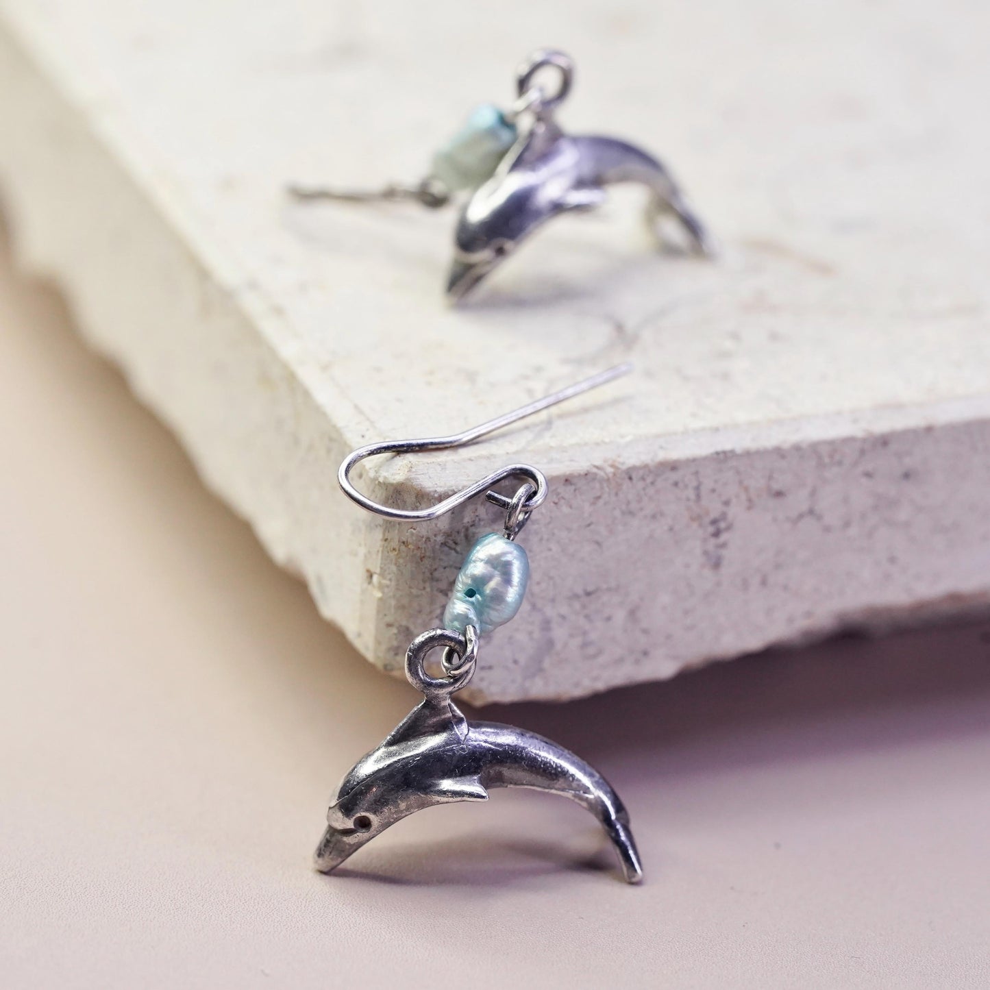 Vintage Sterling silver handmade earrings, 925 dolphin dangles blue pearl beads