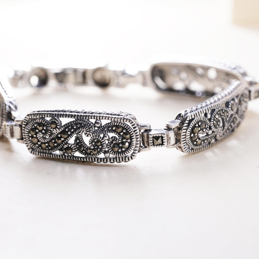 7", vintage sterling 925 silver tennis bracelet with cluster marcasite