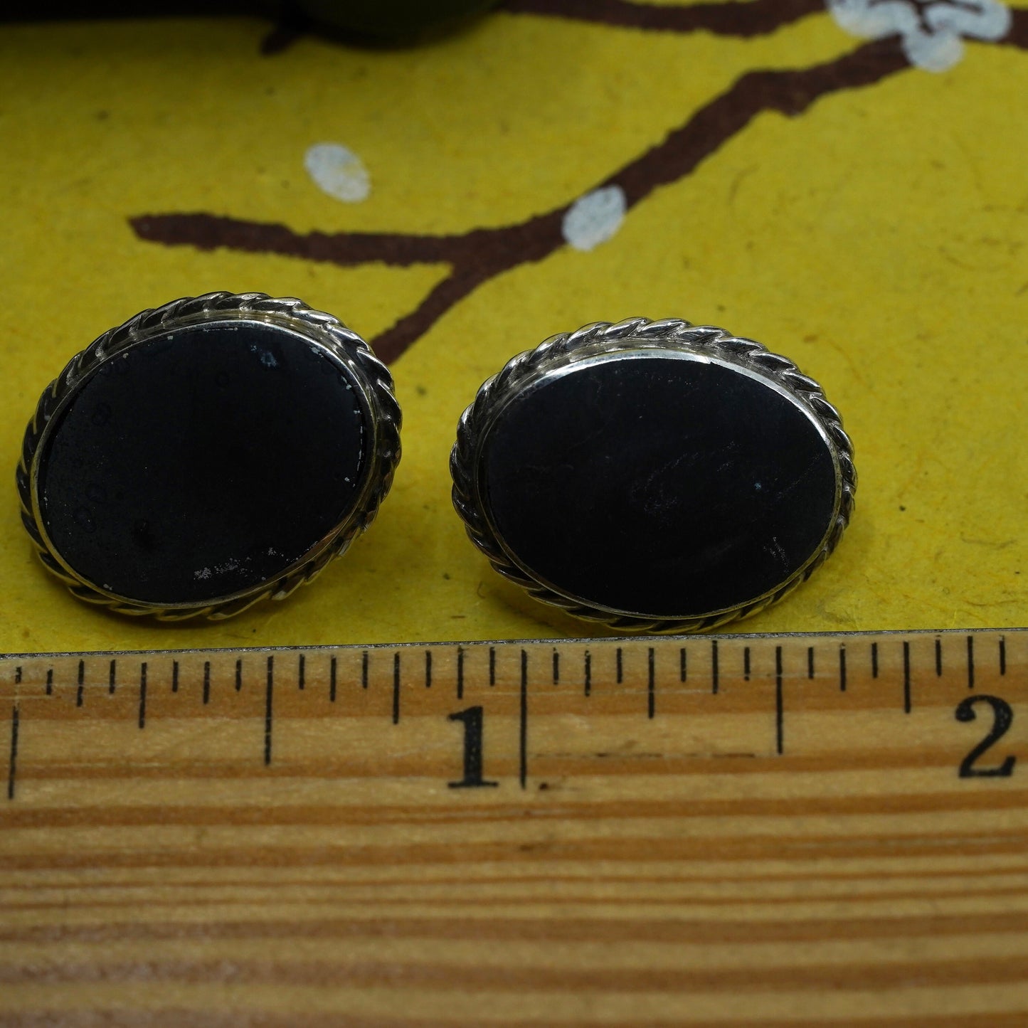 Vintage Sterling silver handmade earrings, oval studs with volcano ash stone
