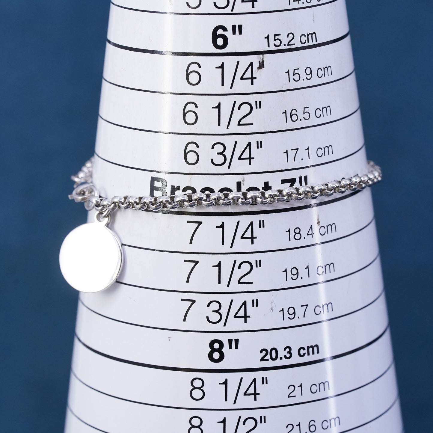 7", Sterling silver handmade bracelet, 925 circle link chain with circle charm