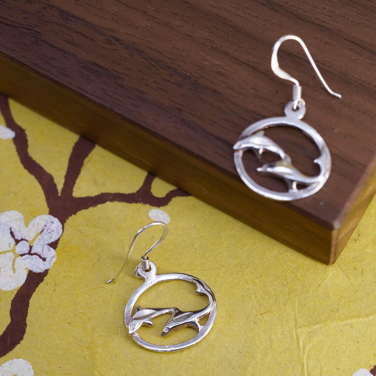 Vintage Sterling silver handmade earrings, 925 dolphin dangle