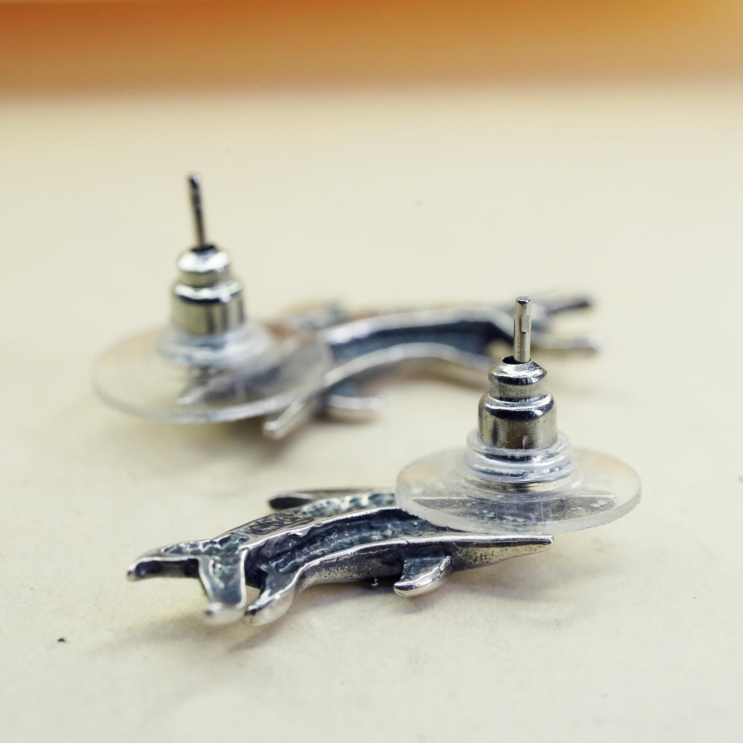 Vintage southwestern SC sterling silver dolphin mother baby studs, 925 earrings