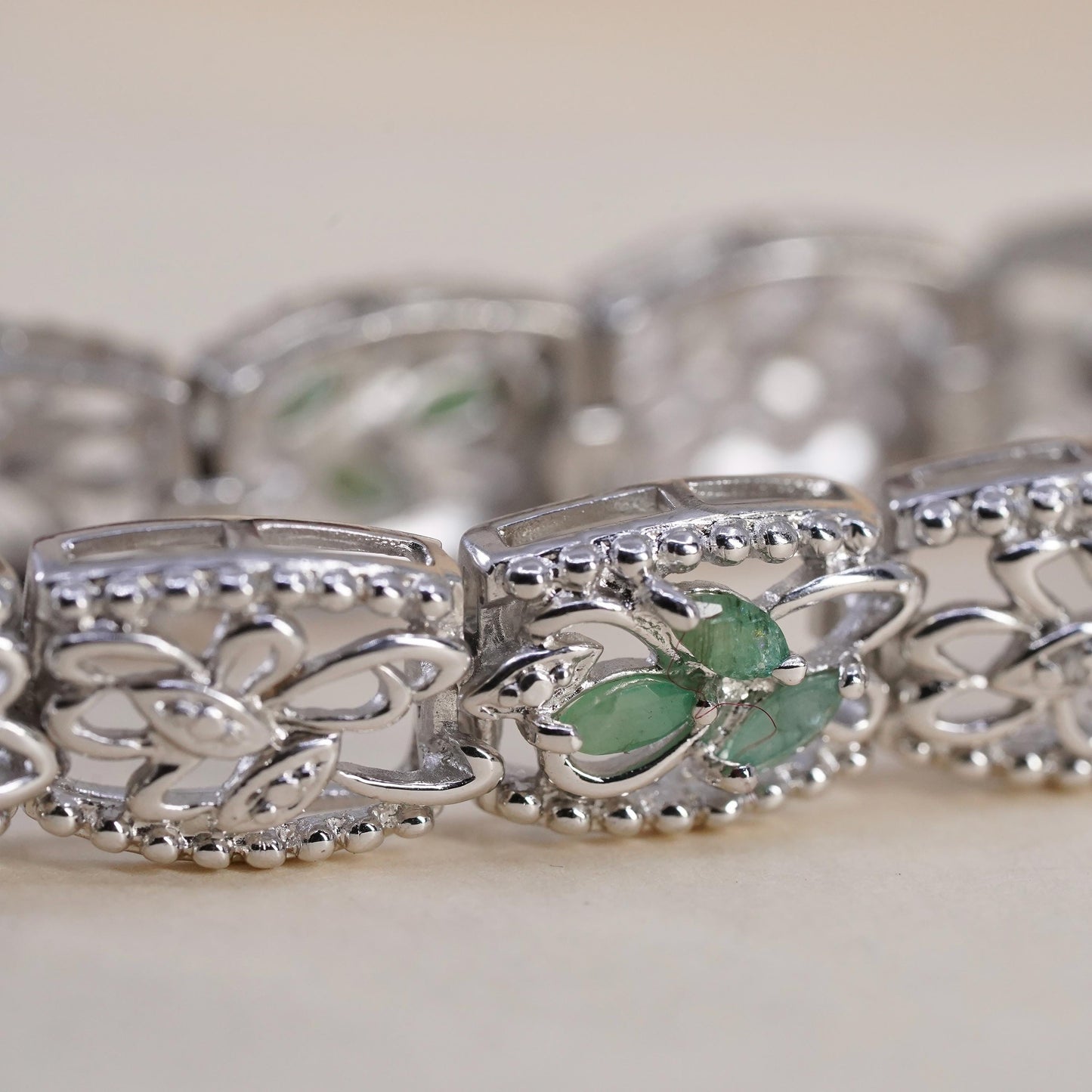7.25", VTG Sterling 925 silver filigree tennis bracelet ruby emerald sapphire
