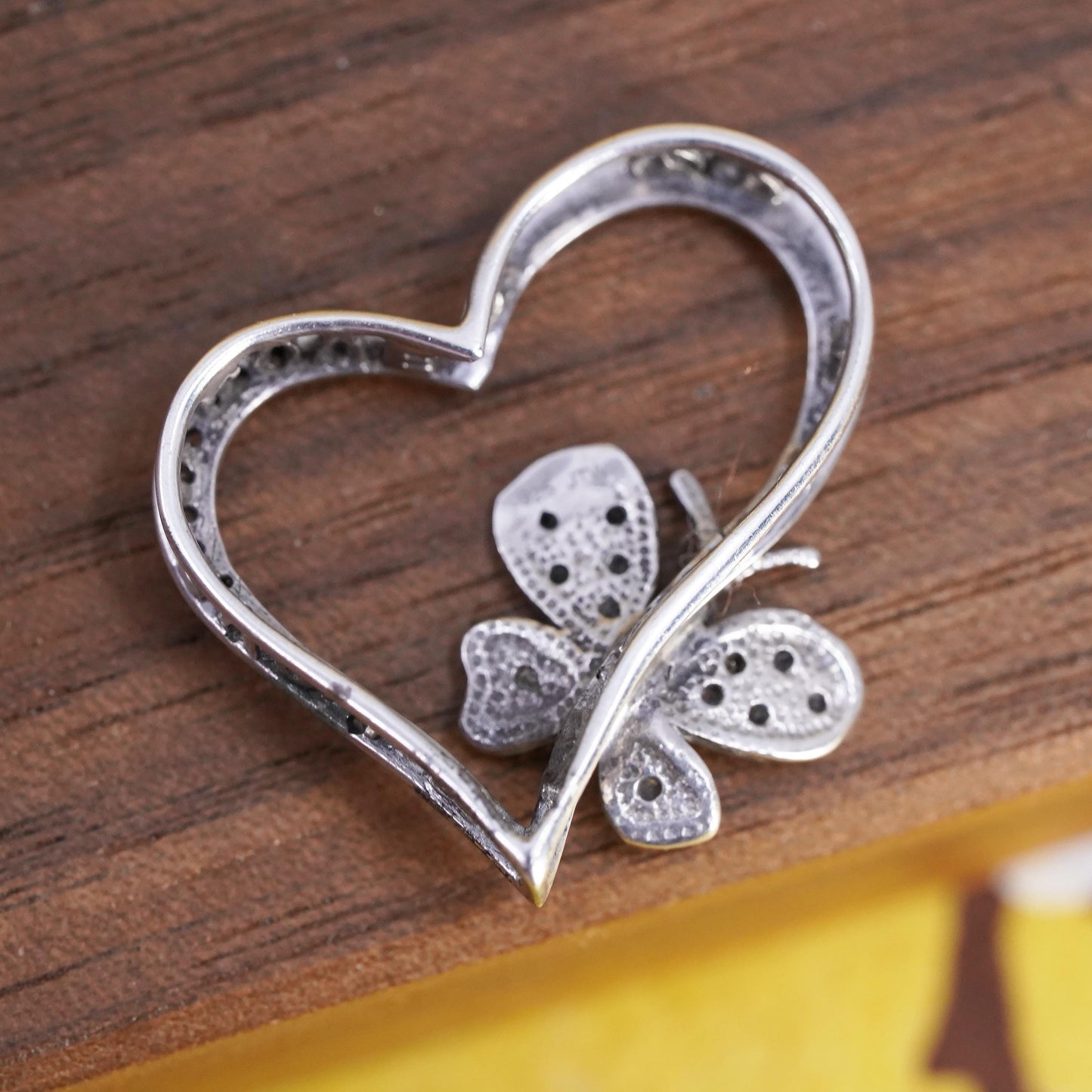 Vintage sterling silver pendant, 925 butterfly heart w/ cluster genuine diamond