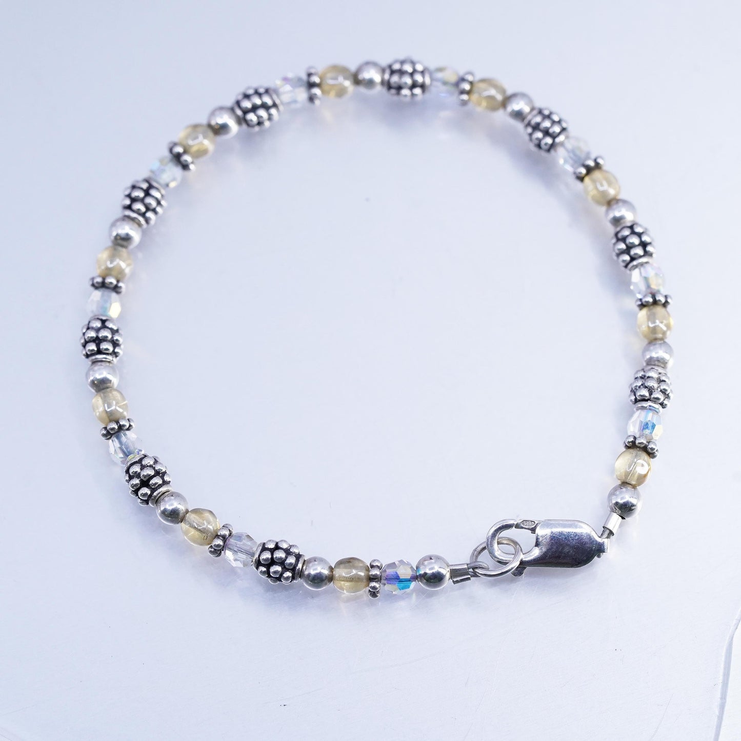 7.5", Vintae Sterling 925 Silver Handmade Bracelet, Crystal beads