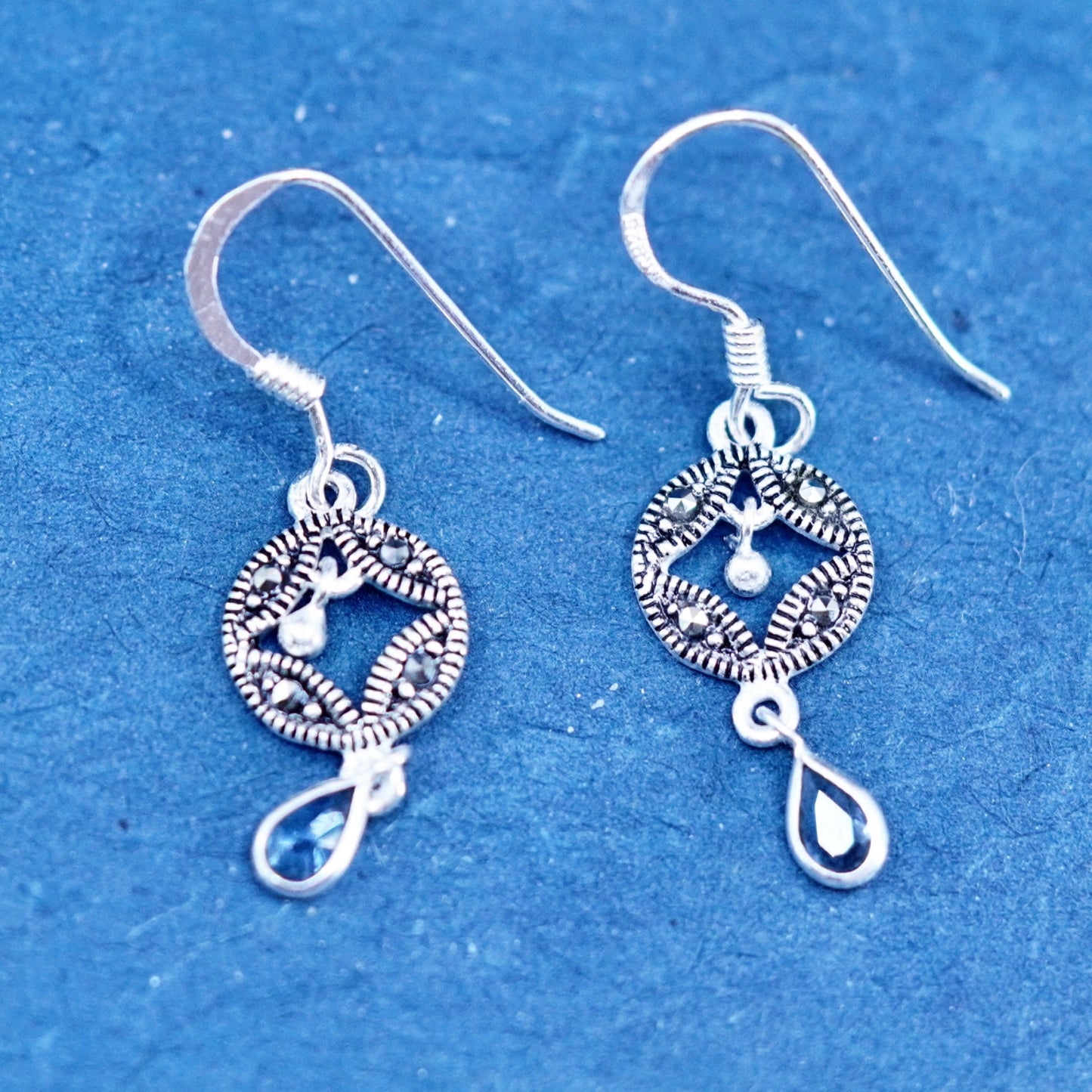 sterling 925 silver circle earrings with marcasite and teardrop smoky crystal