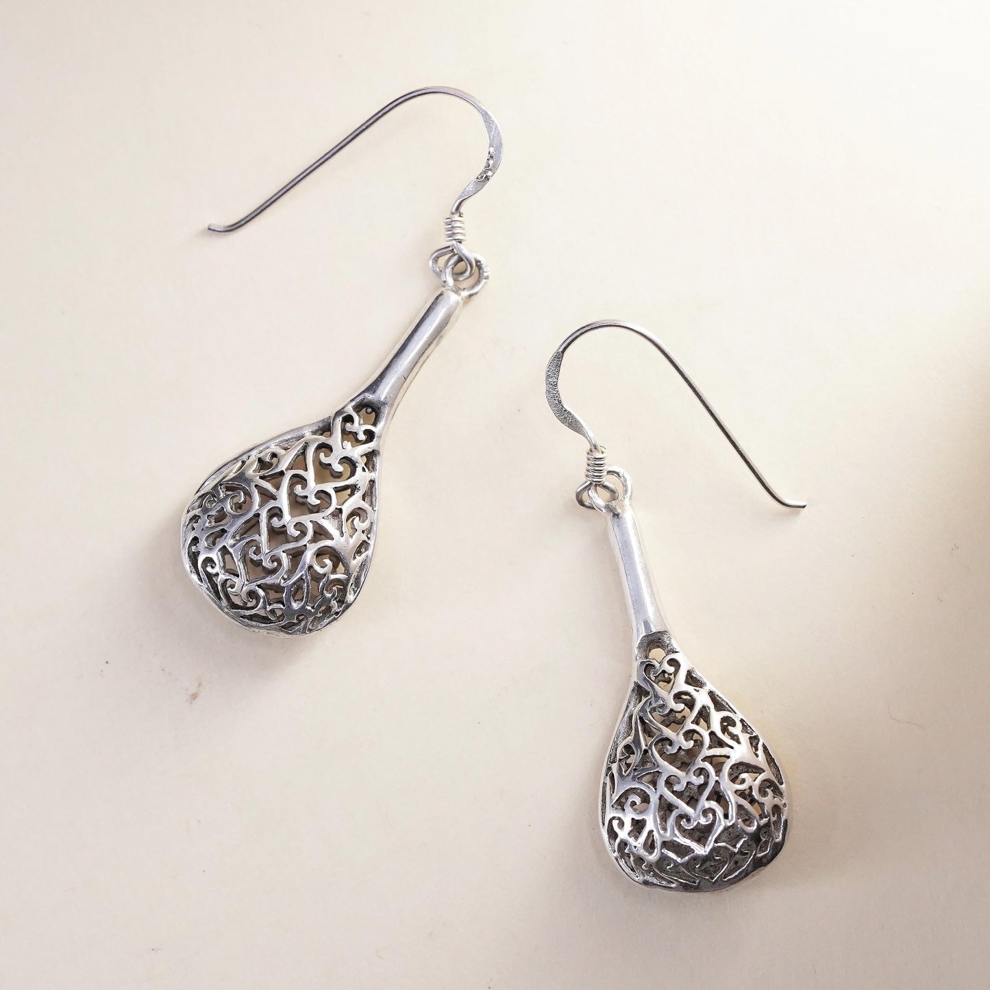 Vintage sterling silver handmade earrings, 925 filigree teardrops