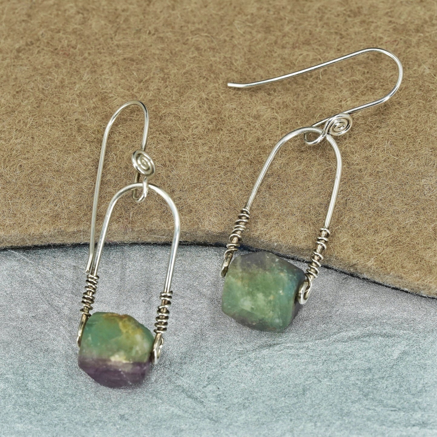 Vintage Sterling 925 silver handmade earrings with fluorite nugget
