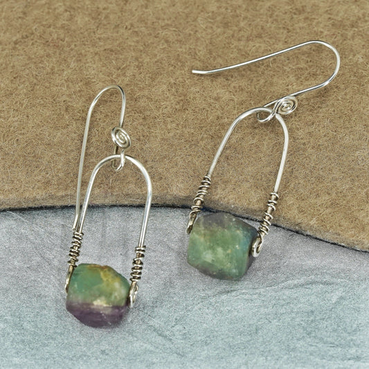 Vintage Sterling 925 silver handmade earrings with fluorite nugget