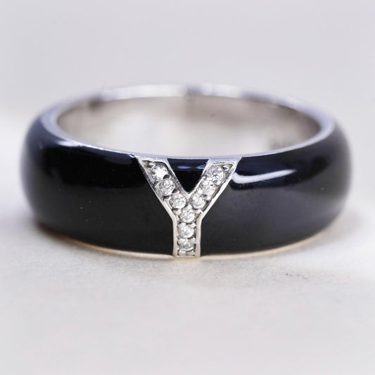 Size 7, Vintage Black Onyx Sterling Silver CZ Ring, Minimalist Letter Y Band