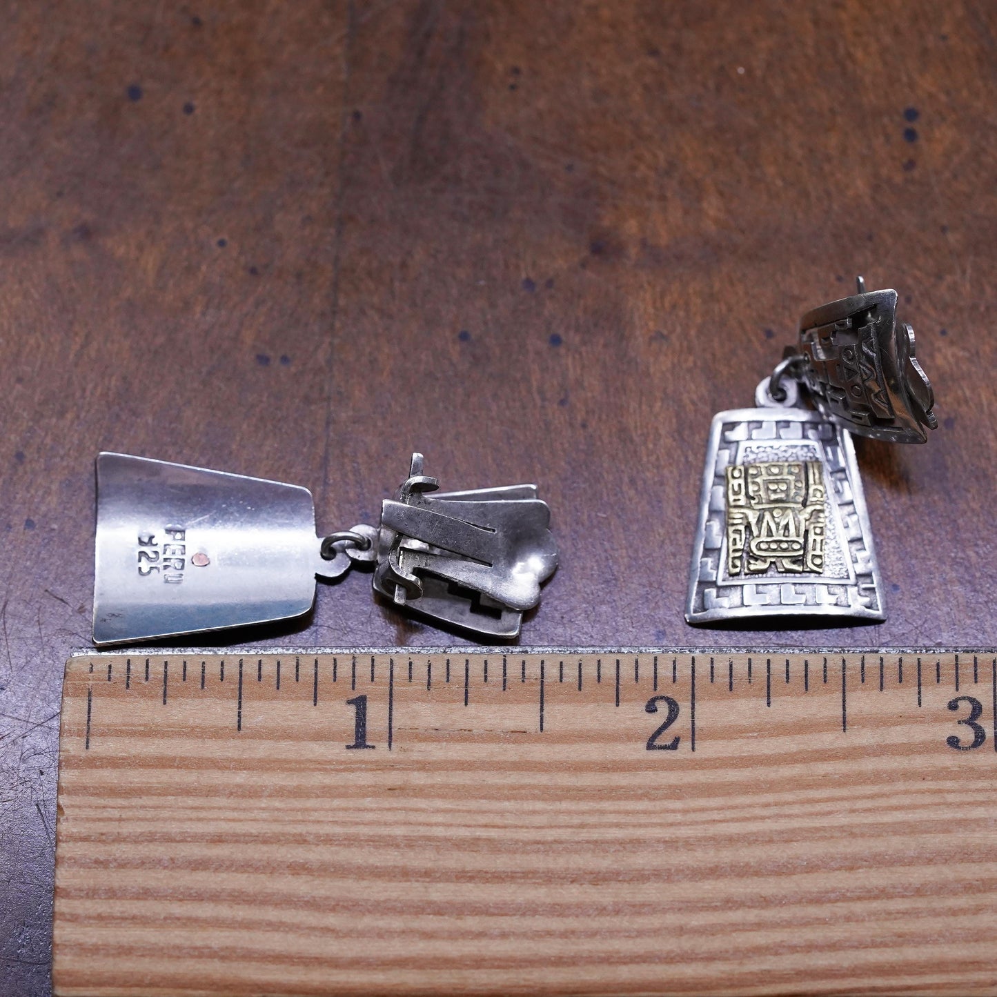 Vintage two tone Peru Sterling silver handmade earrings, 925 clip on Inca gods