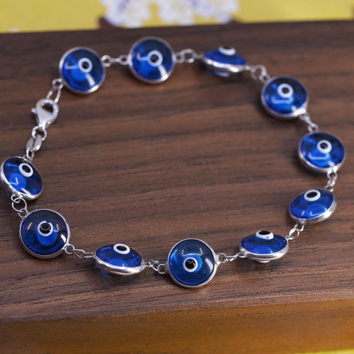 6.75", vintage sterling 925 silver handmade bracelet blue evil eye bracelet