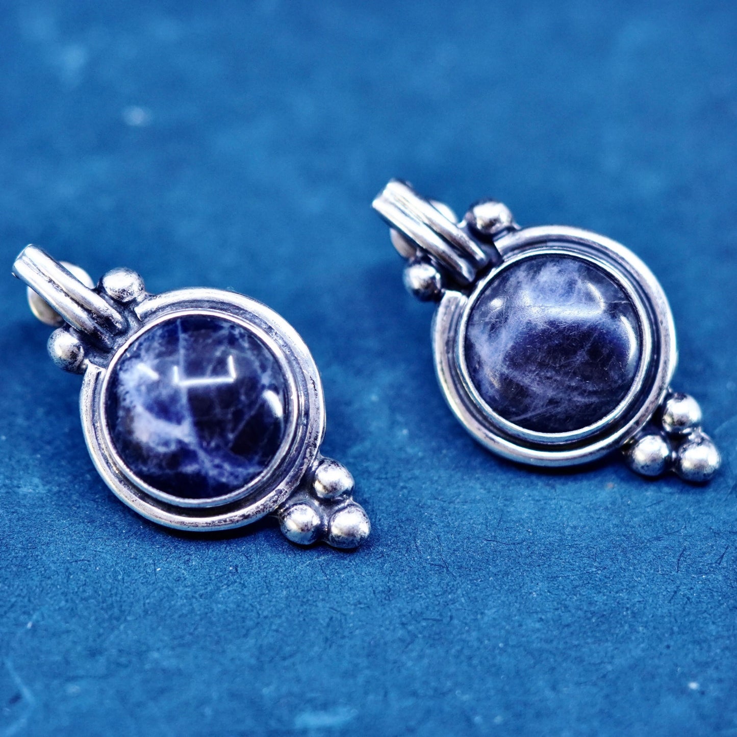 Vintage Sterling silver handmade earrings, 925 studs with round sodalite