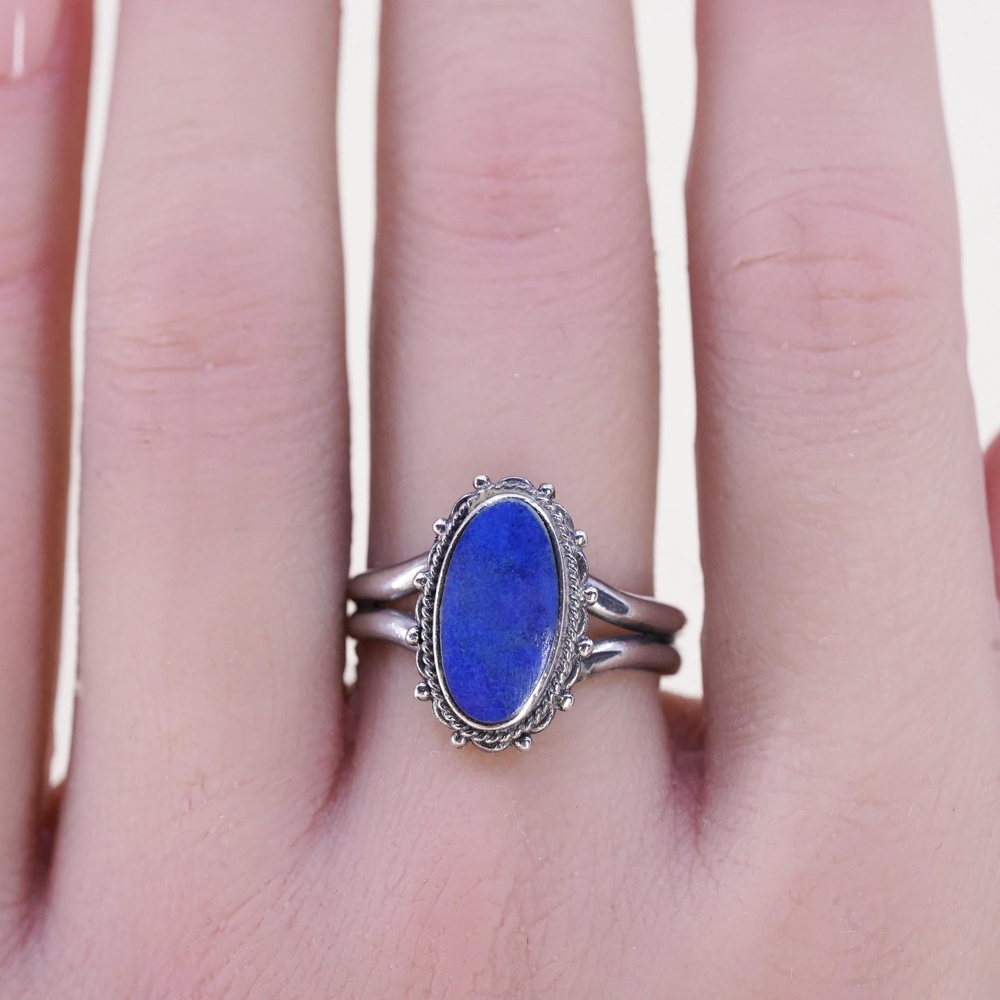 Size 9, vintage Boma 925 silver statement ring with oval Lapis lazuli and beads