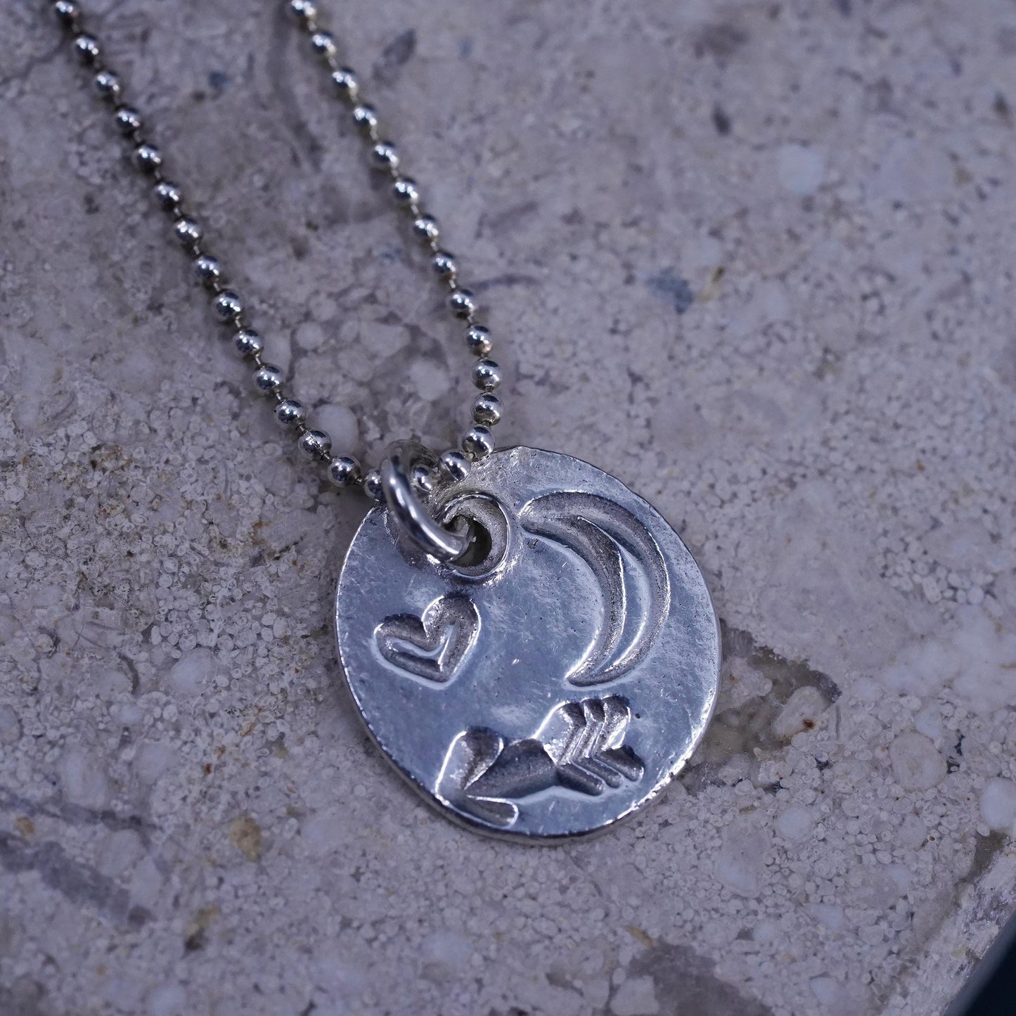 16", vintage Sterling silver necklace, 925 bead chain tag moon heart pendant