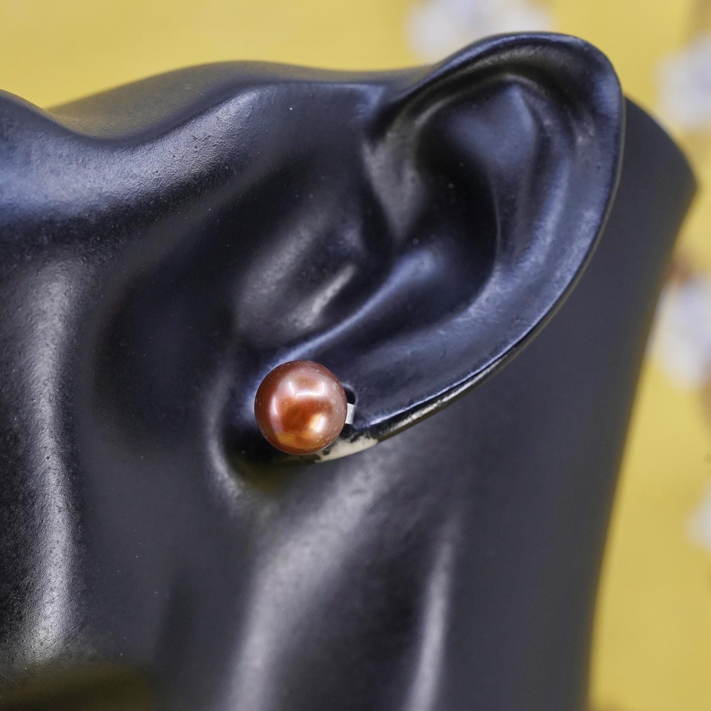 8mm, Vintage 925 Sterling silver handmade studs earrings bronze tone pearl