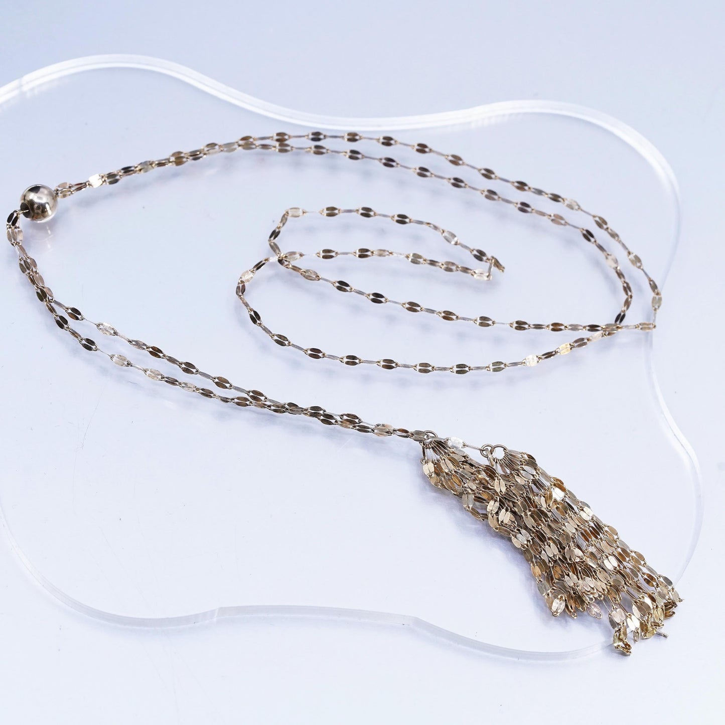 24" KA1772 Italian vermeil gold Sterling 925 silver flatten necklace 6” fringe