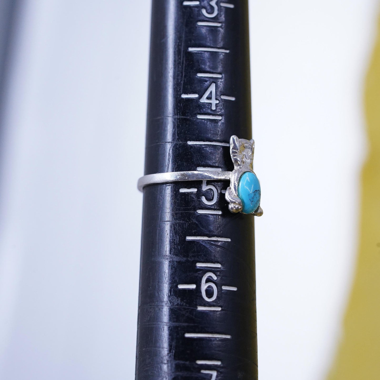 Size 4.75, Sterling 925 silver cat kitty ring turquoise, southwestern jewelry