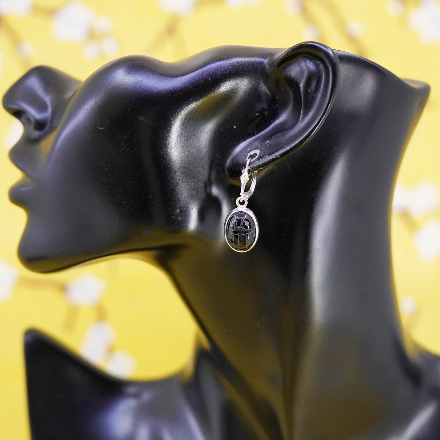 Vintage Sterling 925 silver handmade earrings with oval carved obsidian