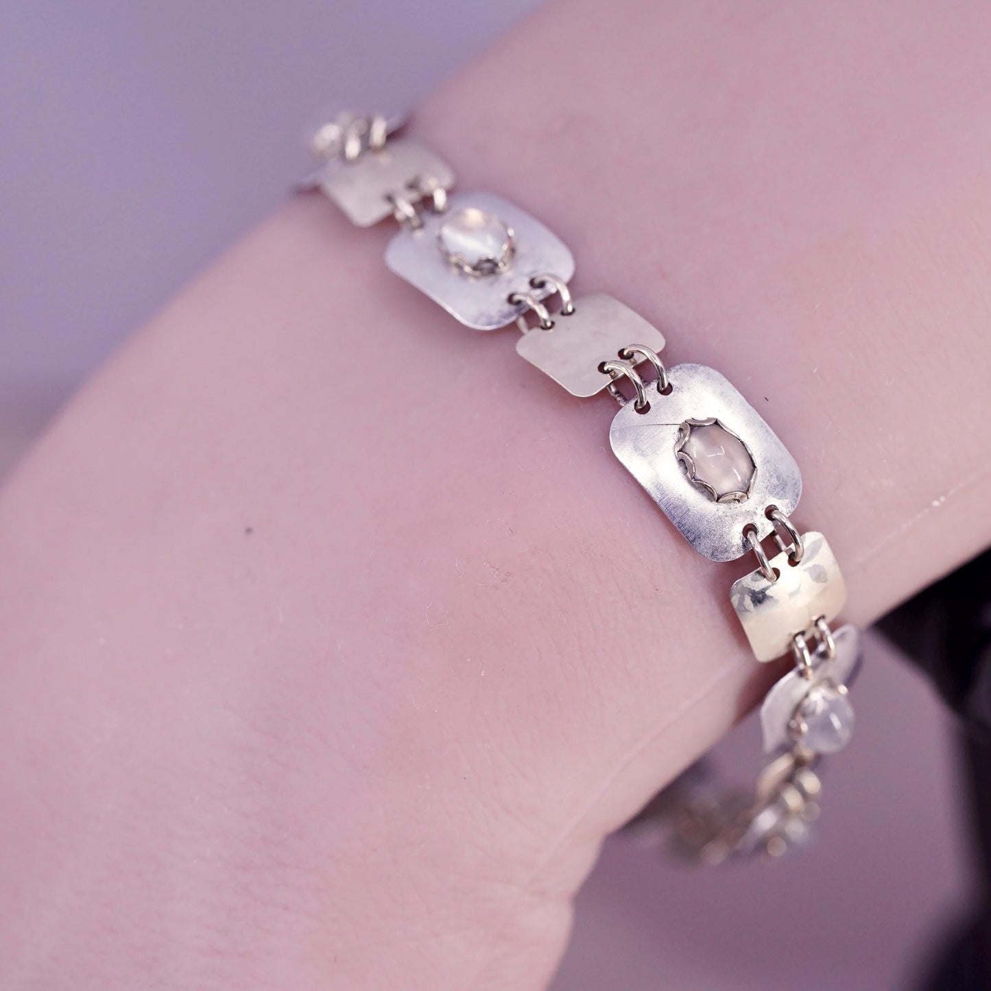 6.75", two tone sterling silver bracelet, with 14K gold filled discs cats eye