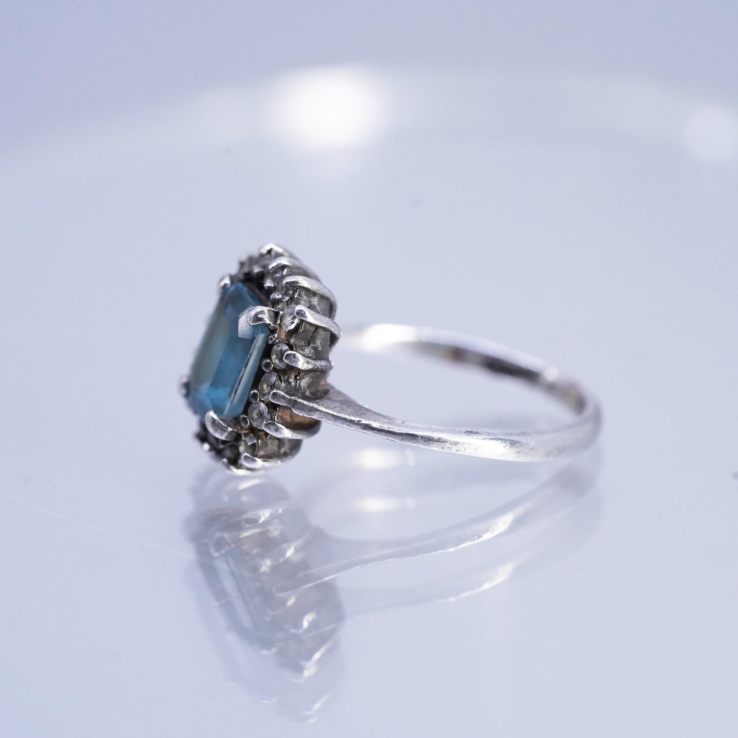 size 4.25, Vintage Sterling Silver 925 emerald cut topaz ring cluster Diamonds