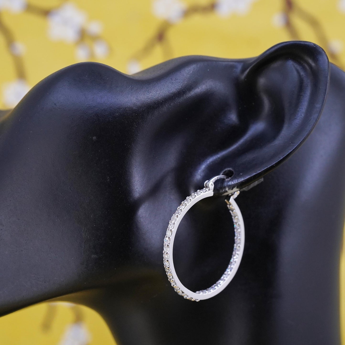 1.25", vintage Sterling silver handmade earrings, 925 hoops with cluster cz