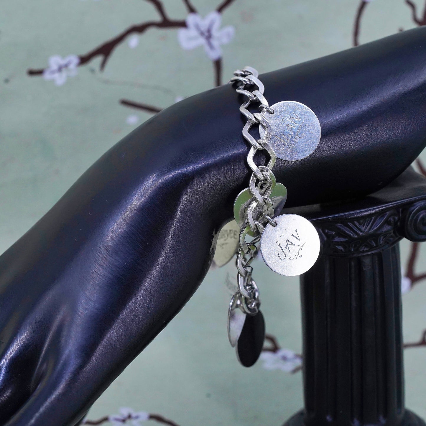6.75" sterling silver bracelet, 925 curb link chain with charms embossed names
