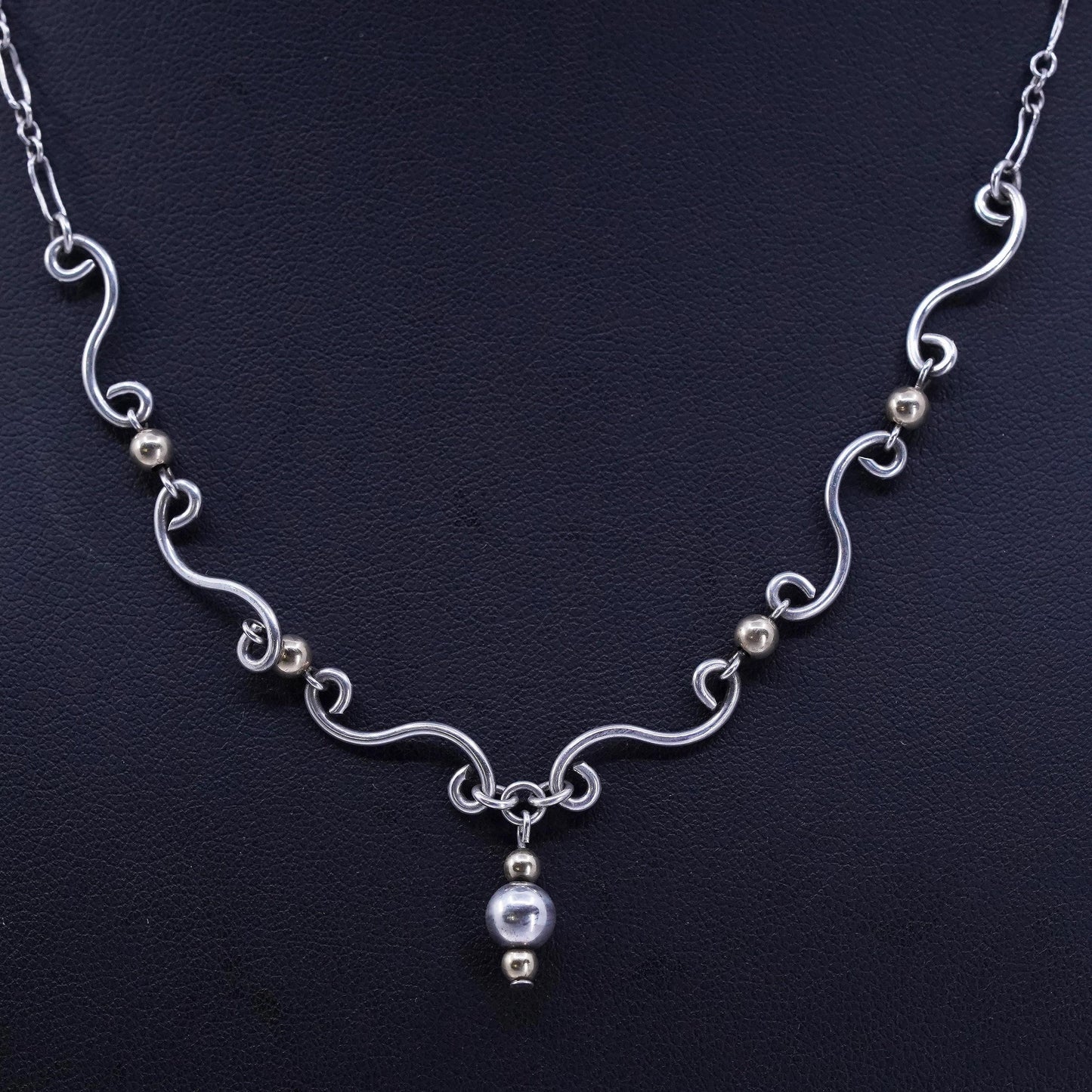 17”, vintage Sterling 925 silver elongated chain necklace with 14K gold beads