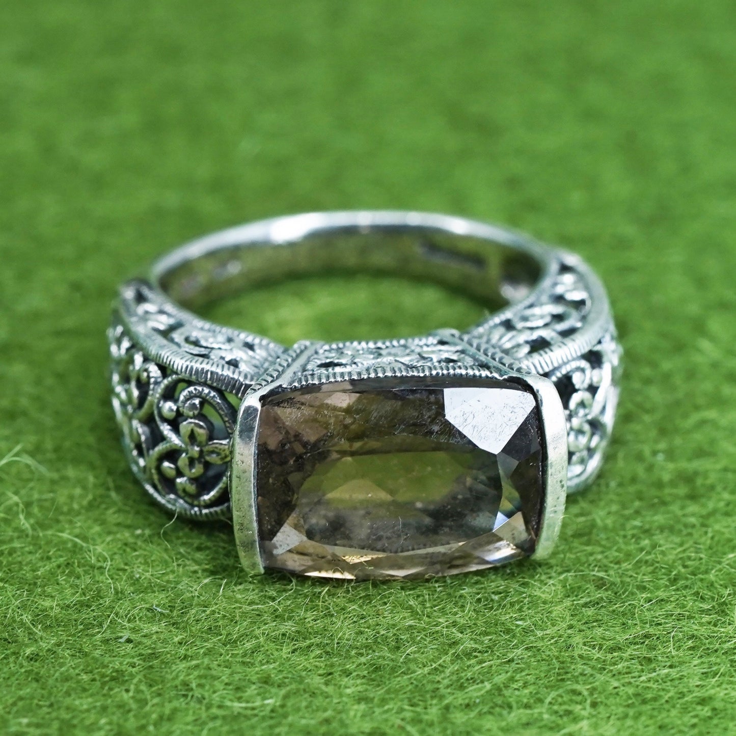 Size 8, sterling silver handmade filigree ring, 925 statement ring smoky topaz