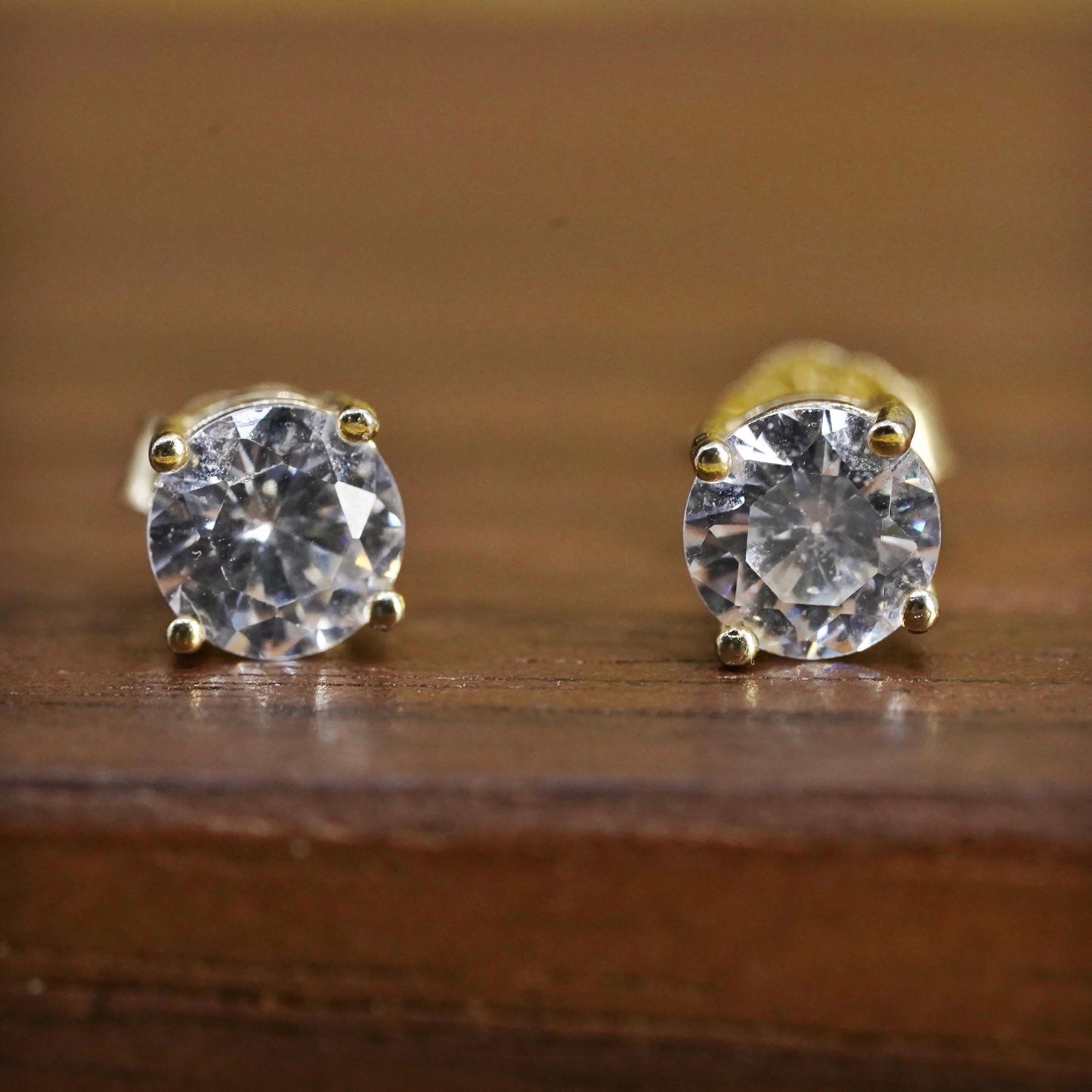 5mm, vermeil gold plated Sterling silver clear round crystal studs, cz earrings