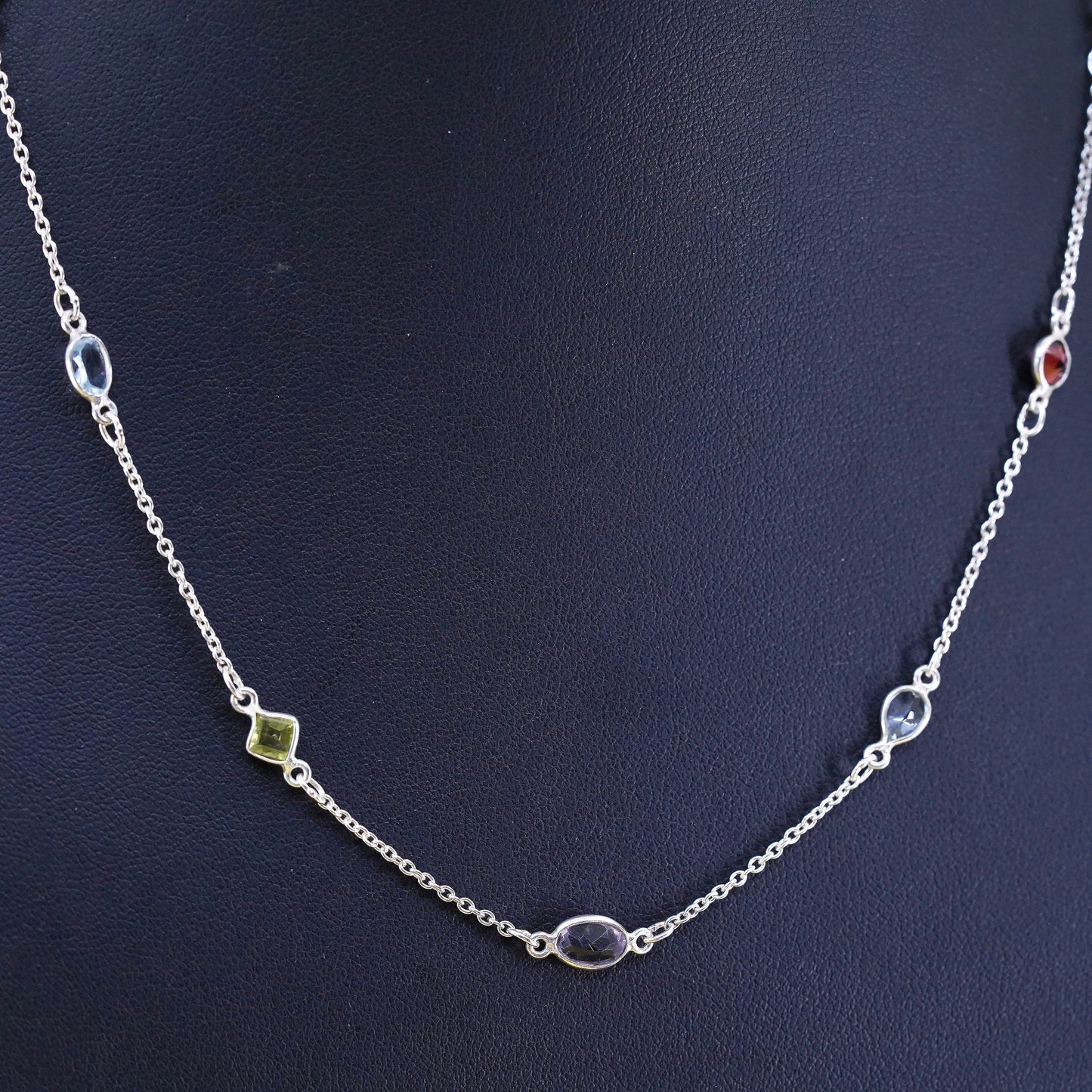 18”, Sterling silver necklace, 925 circle chain ruby, topaz,, peridot citrine