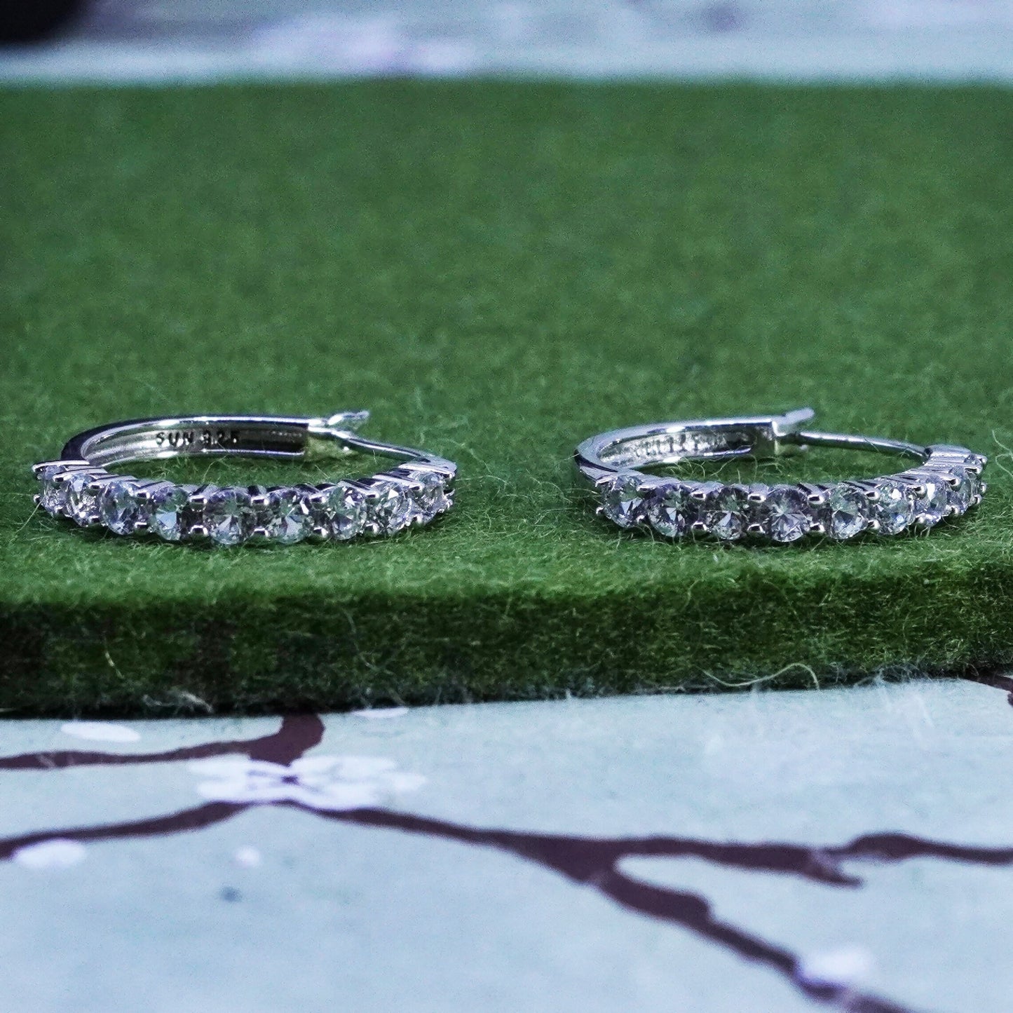 0.75”, Vintage sterling silver 925 earrings hoops, huggie with crystal inlay