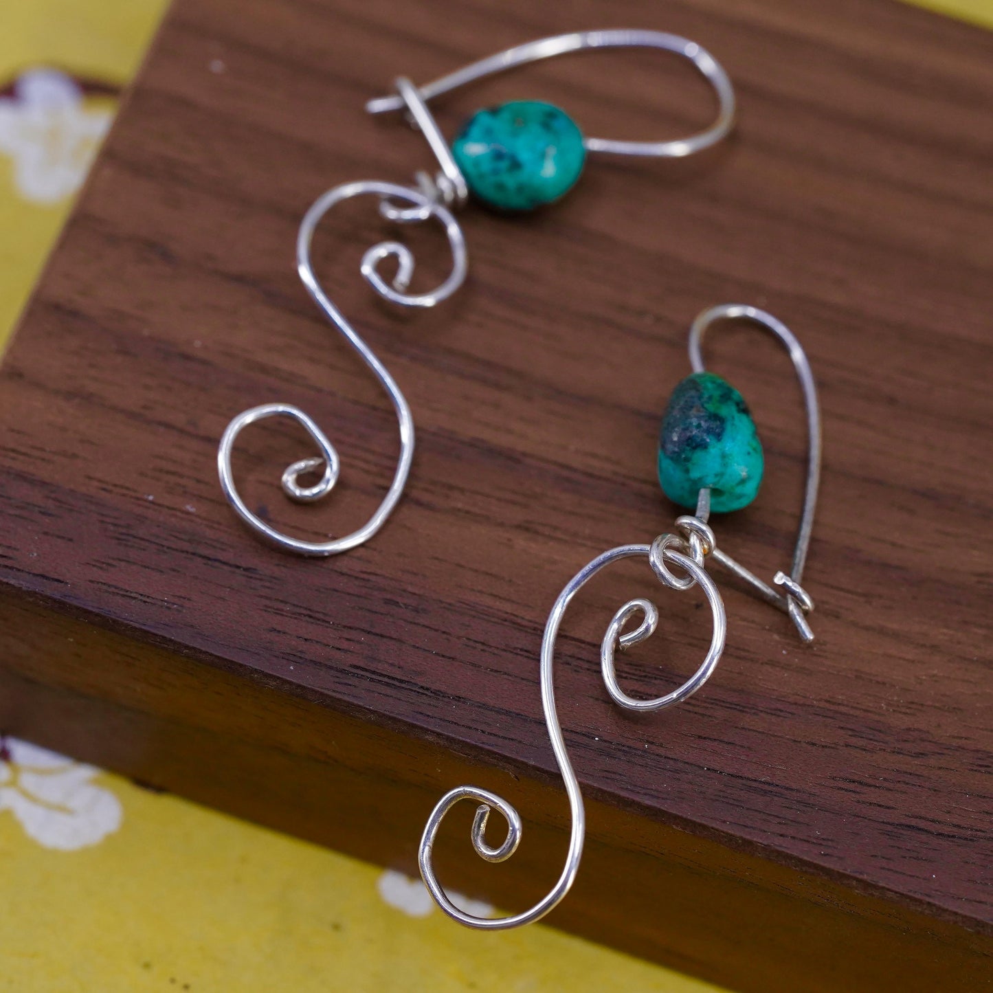 Vintage Sterling silver handmade earrings, 925 silver wire with turquoise beads
