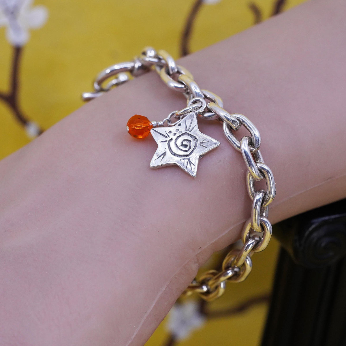 6.75" 7mm, Vintage Sterling silver bracelet, 925 oval link chain star charm