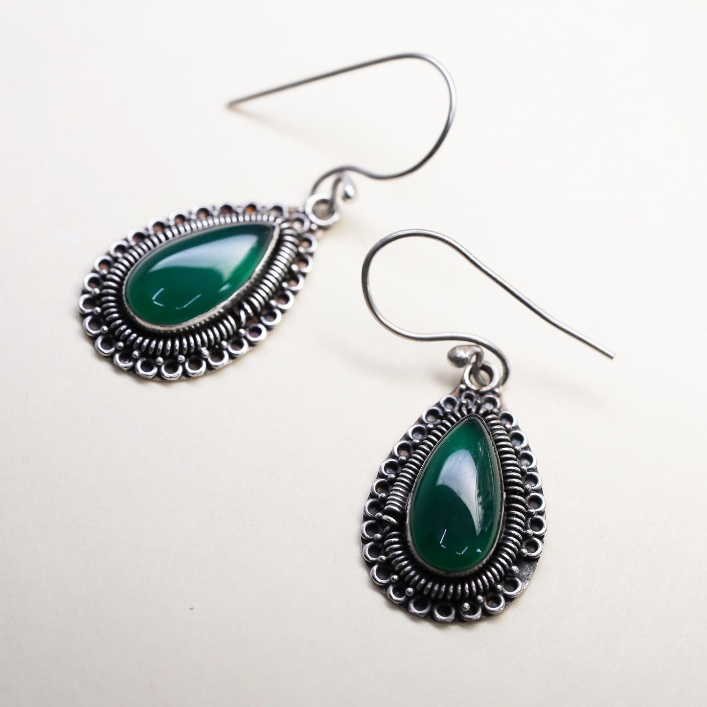Vintage sterling 925 silver handmade earrings with teardrop jade