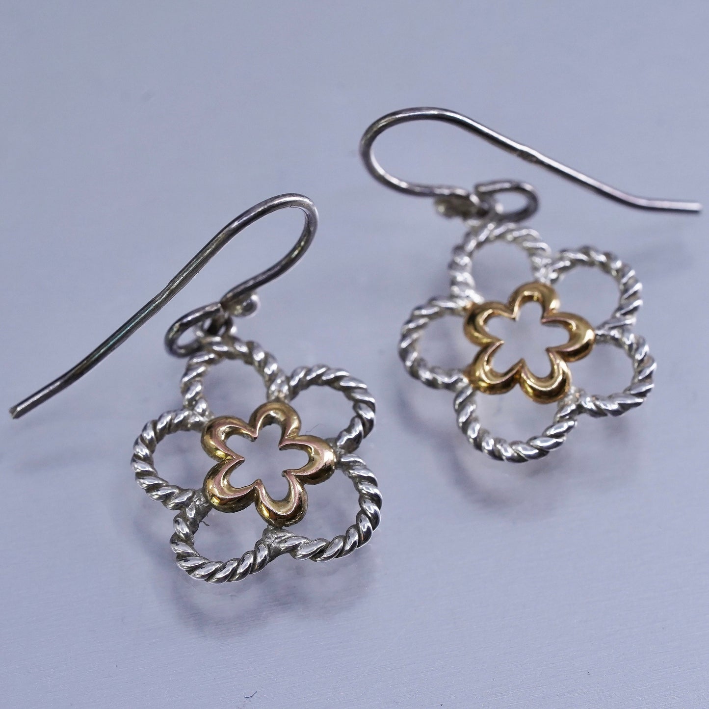 Vintage two tone Sterling 925 silver handmade earrings, flower dangles