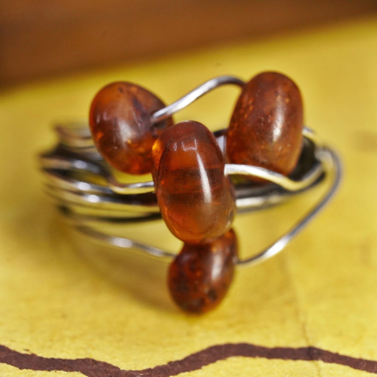 Size 5.75, vintage Sterling 925 silver handmade wired ring with amber beads