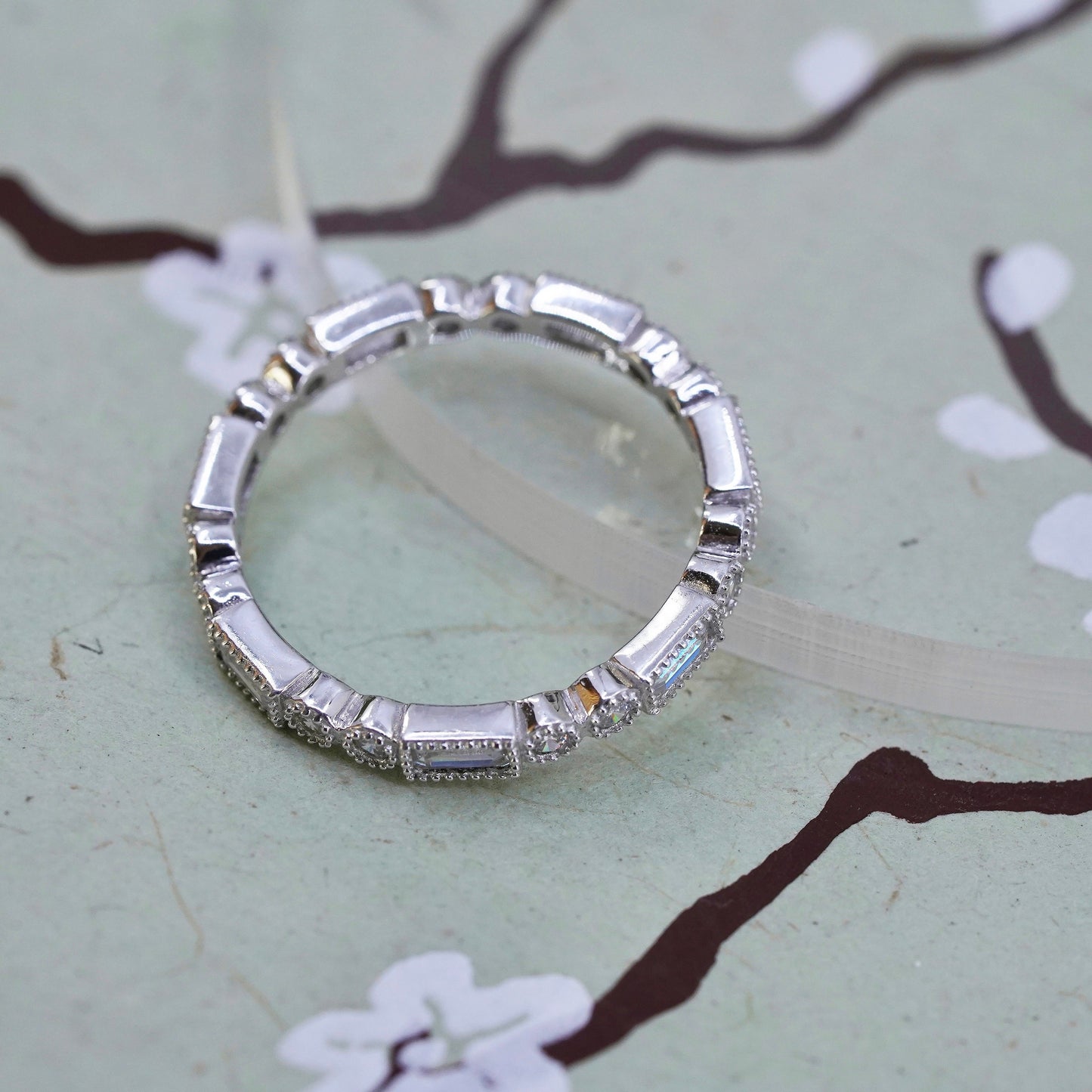 Size 10, Vietnam sterling 925 silver ring with cluster CZ, stackable band